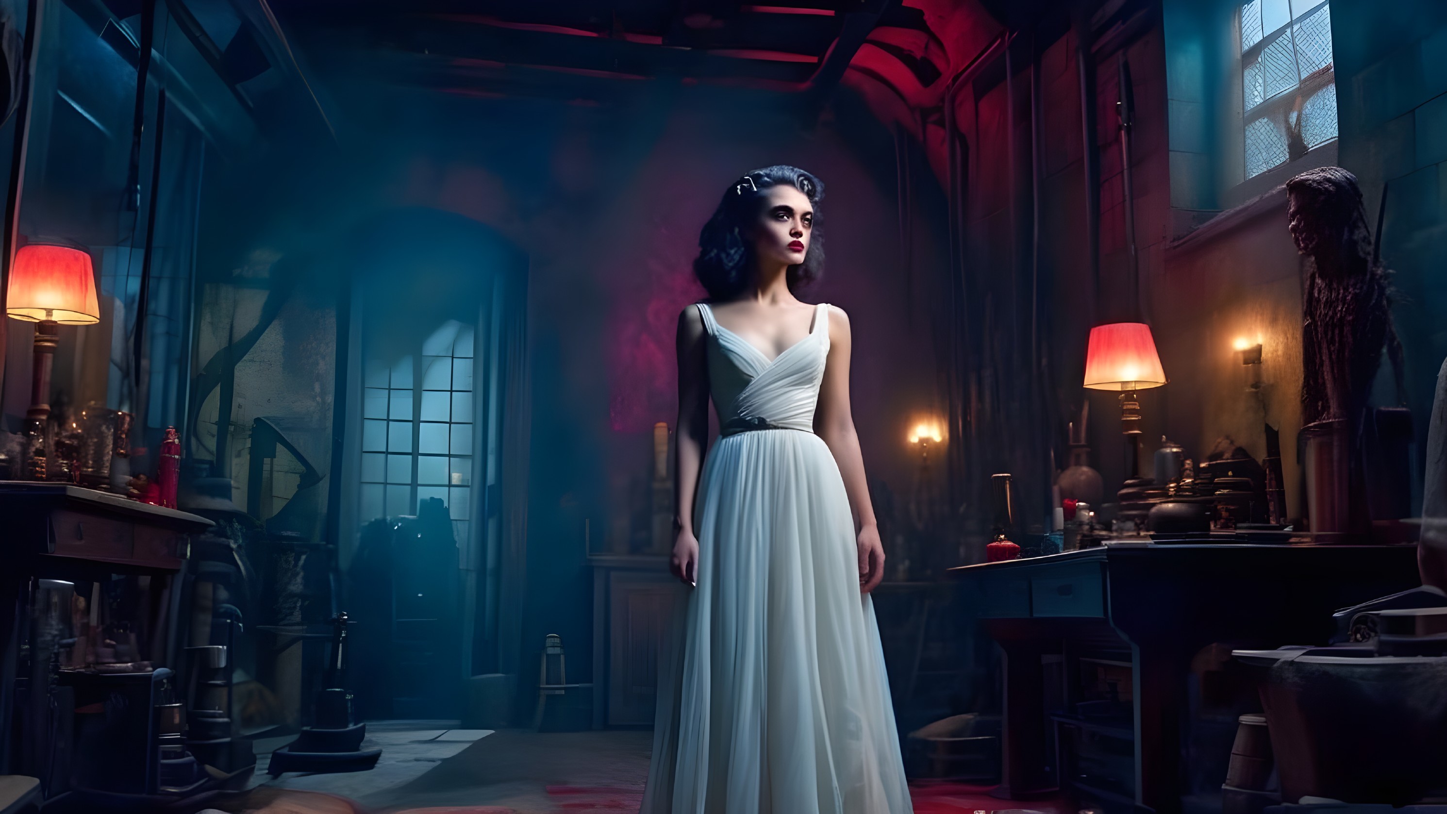 Young Woman in Elegant Gown in Dimly Lit Room