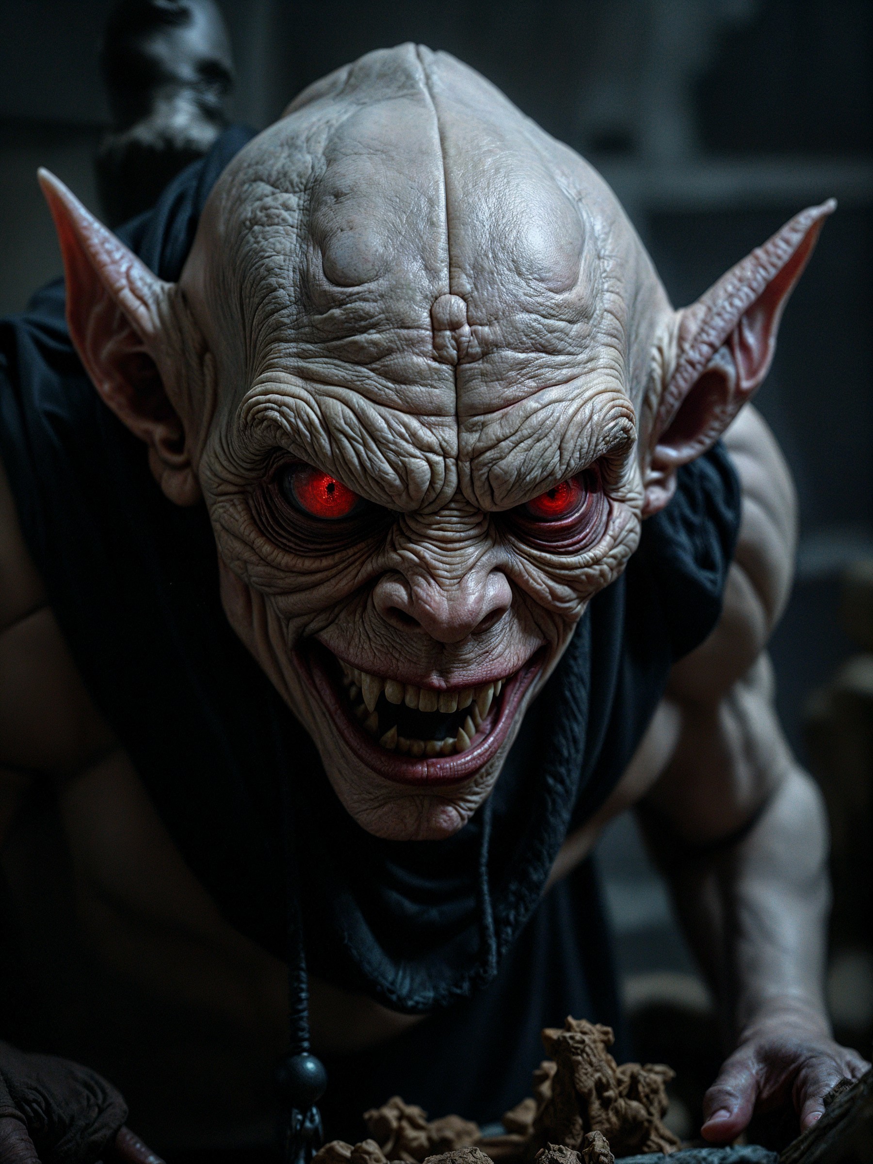 Sinister Creature with Pale Skin and Red Eyes
