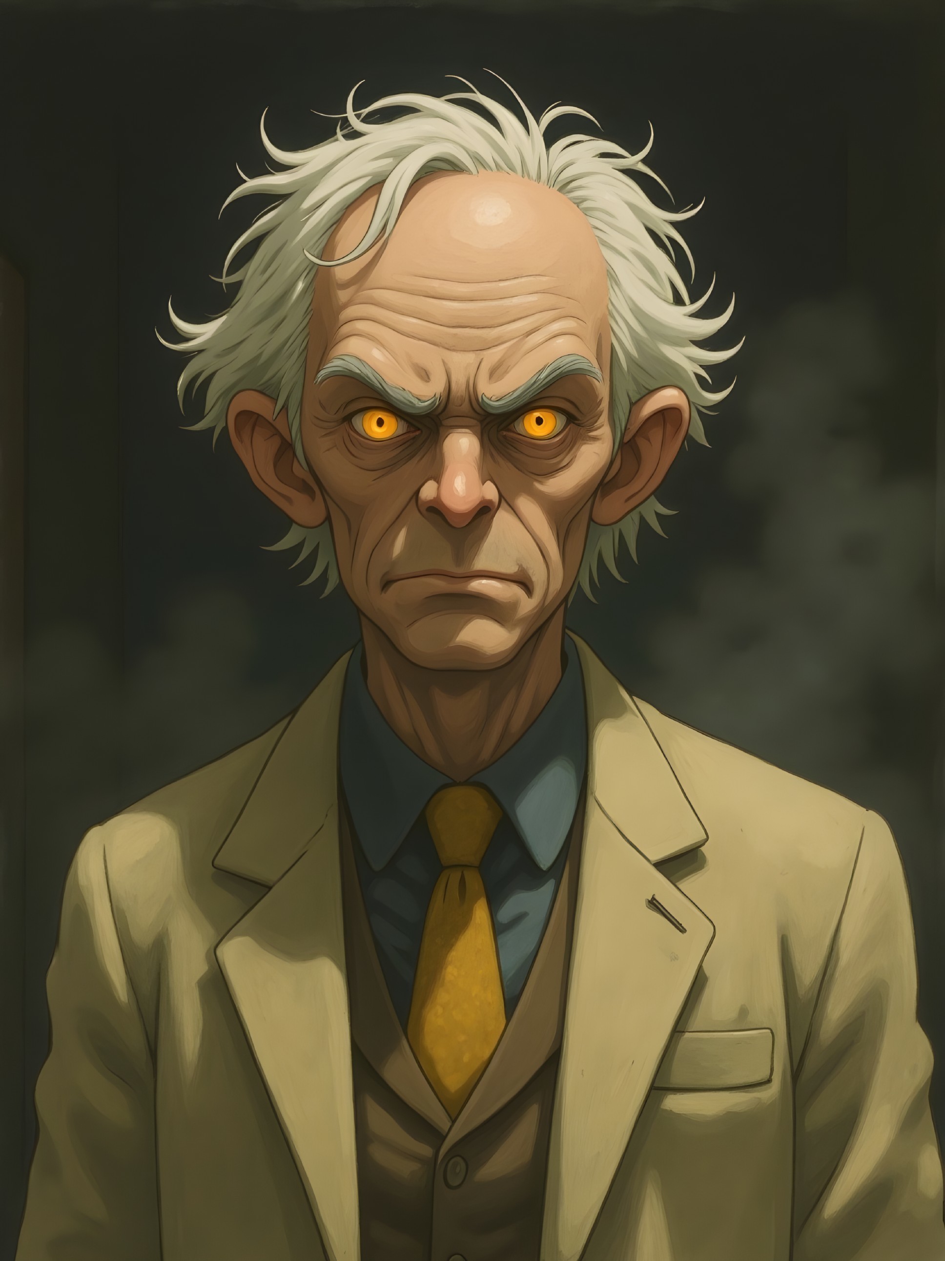 Elderly Man with Wild Hair and Intense Orange Eyes