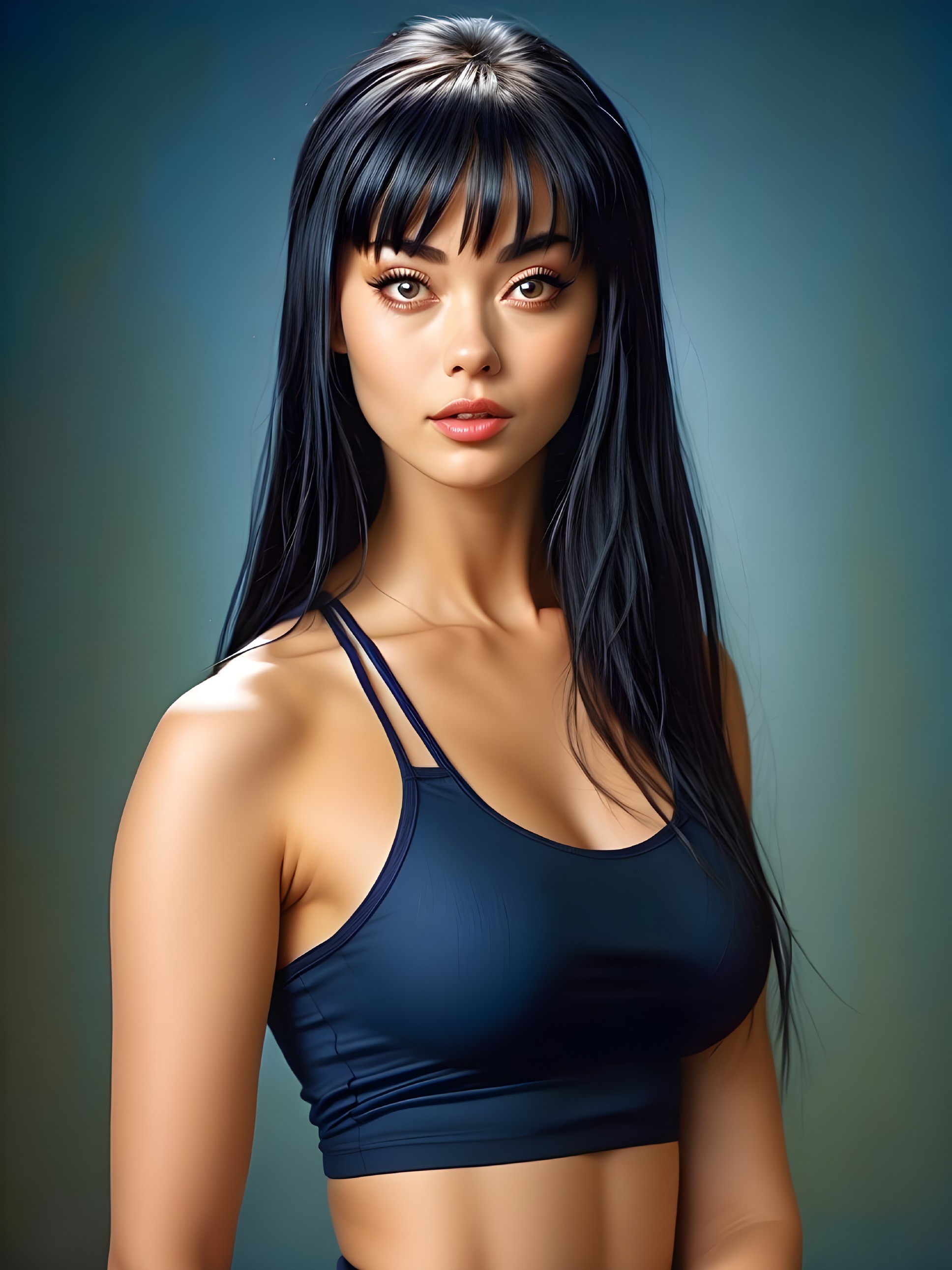 Young woman in navy sports top with sleek black hair
