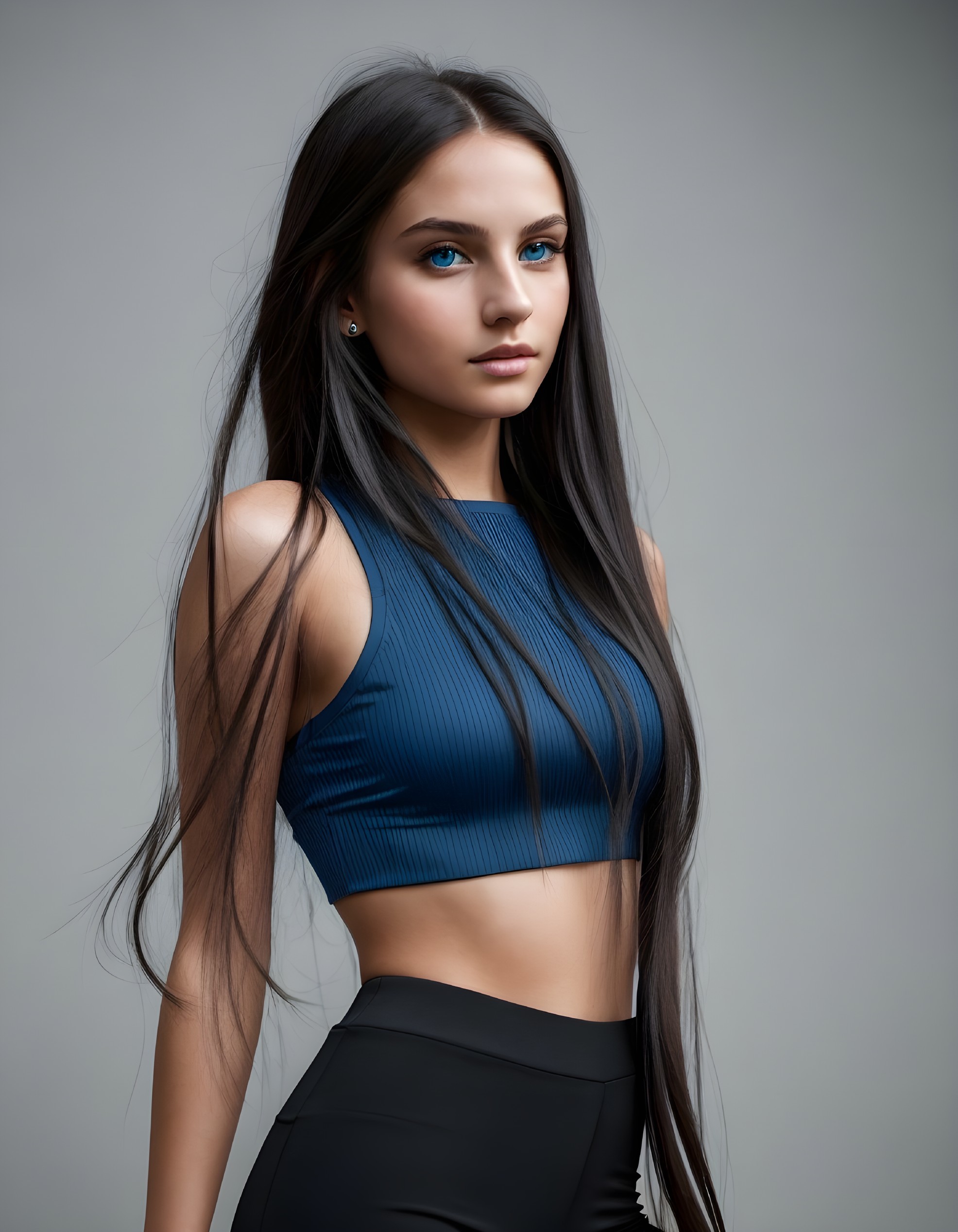 Young woman in navy crop top and high-waisted pants