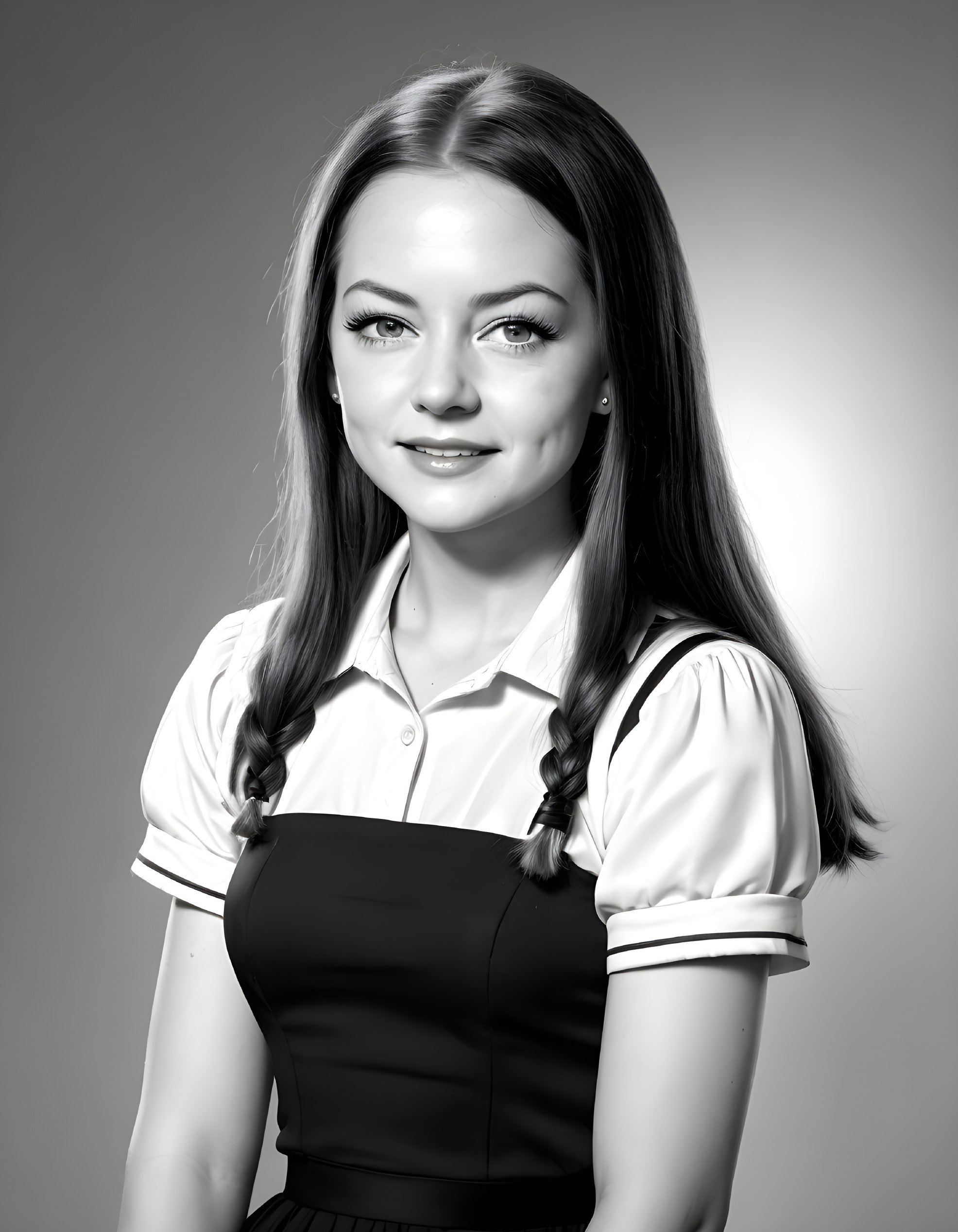 Monochrome image of smiling woman with braided hair in collared dress