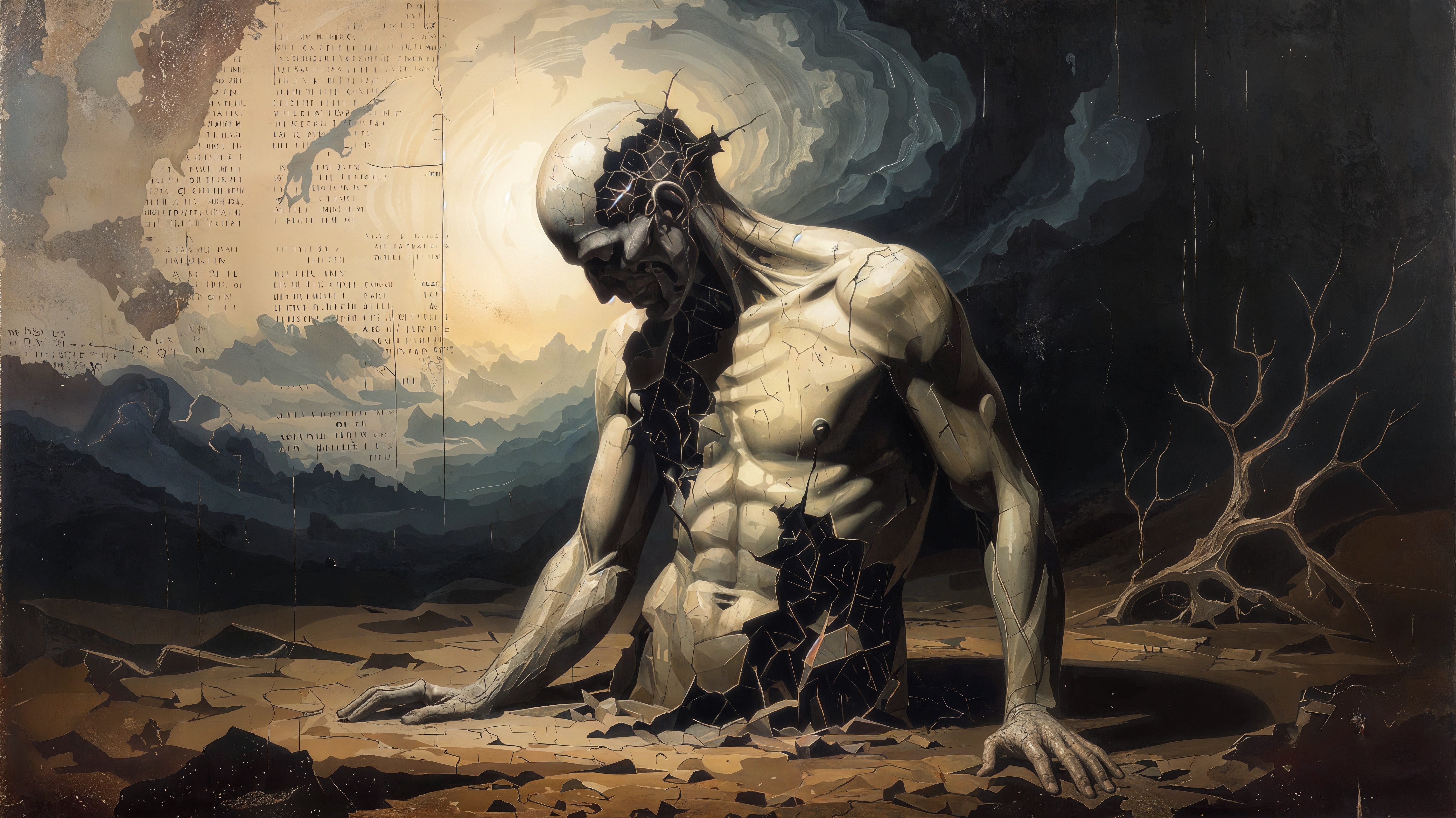 Fragmented Muscular Figure in Desolate Landscape