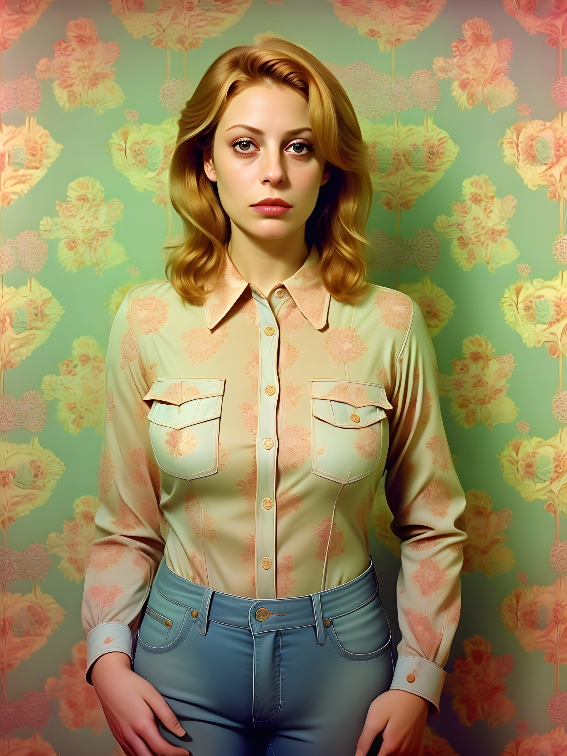 Woman in Vintage Floral Outfit Against Pastel Background
