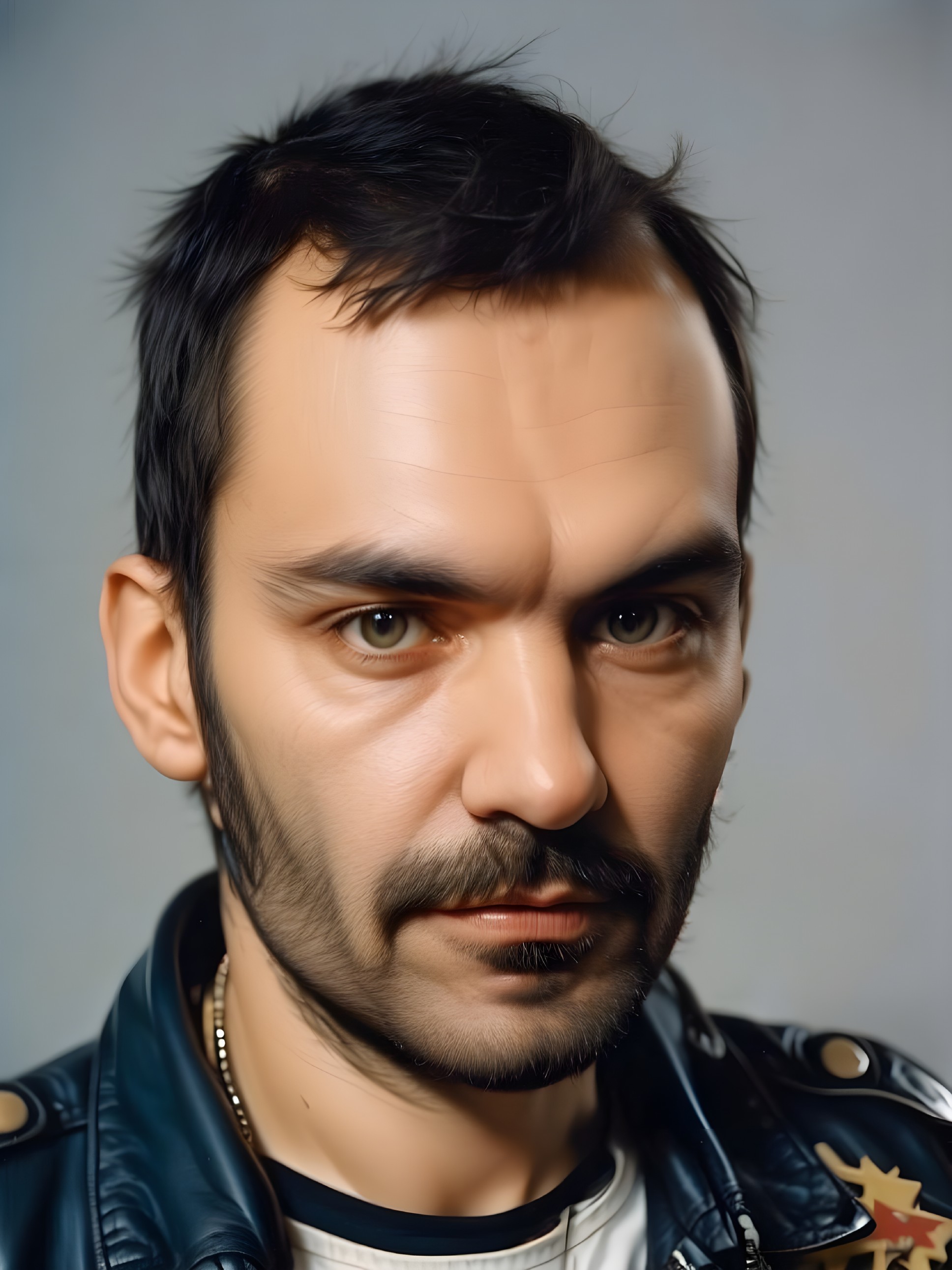 Close-Up Portrait of a Rugged Young Man in Leather Jacket