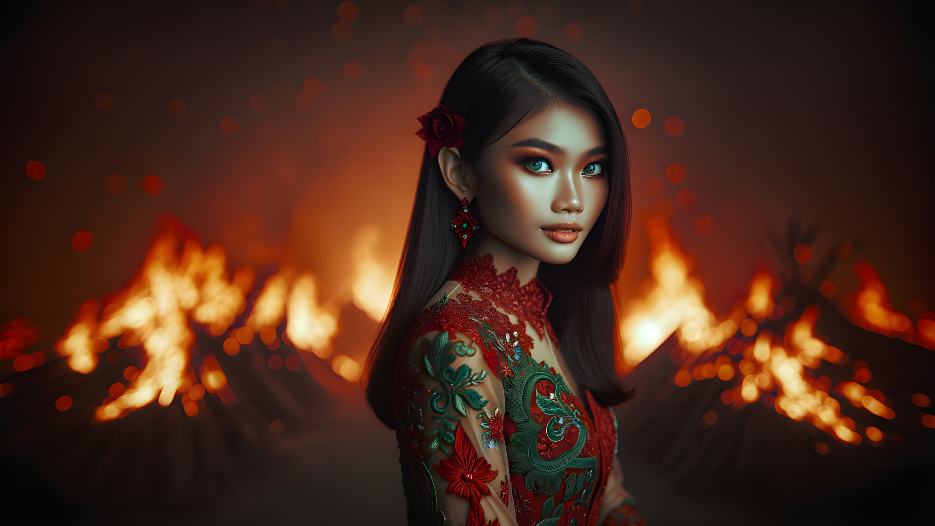 Portrait of a woman with floral dress and red rose