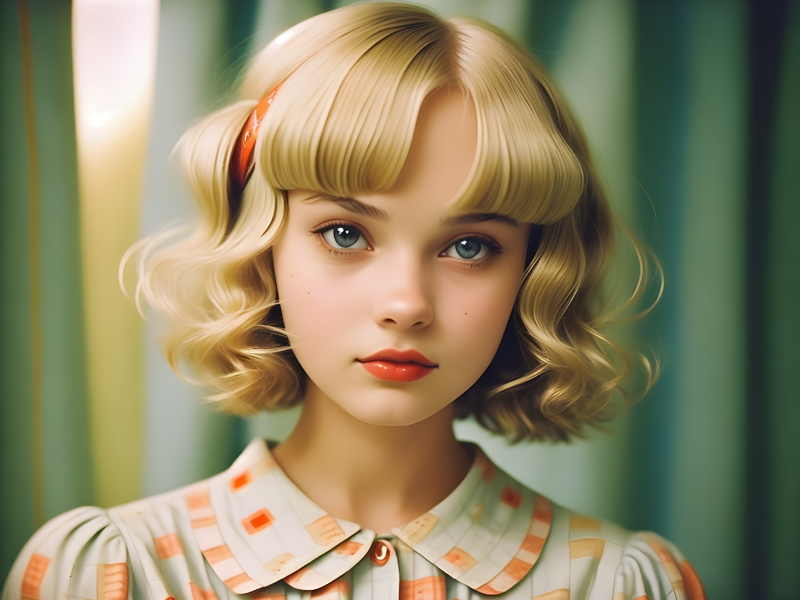Young girl with blonde hair in vintage blouse and blue eyes