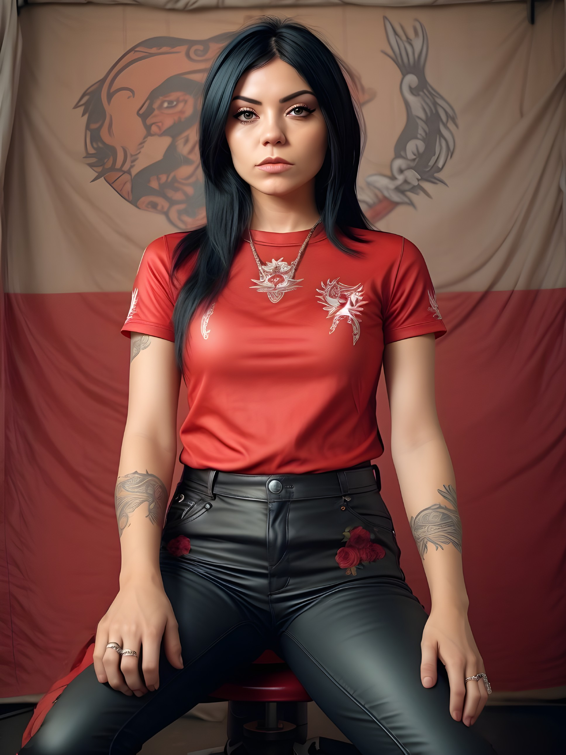 Young woman in red shirt and black leather pants