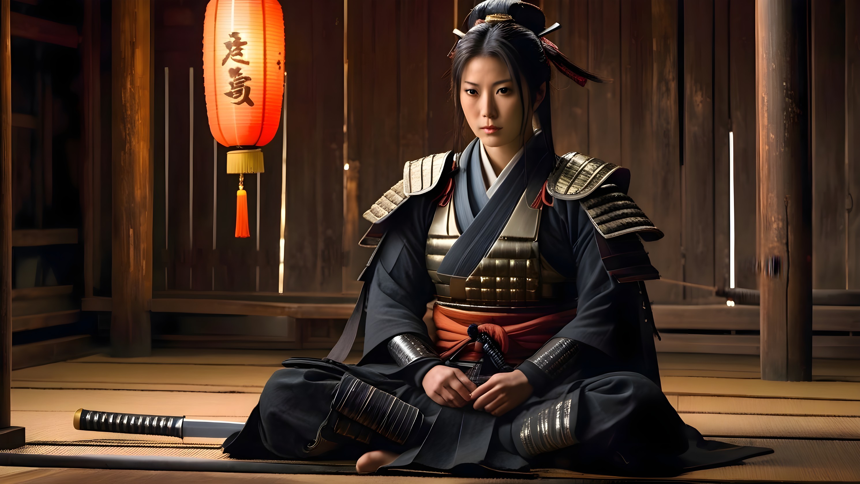 Serene Female Samurai in Traditional Wooden Room