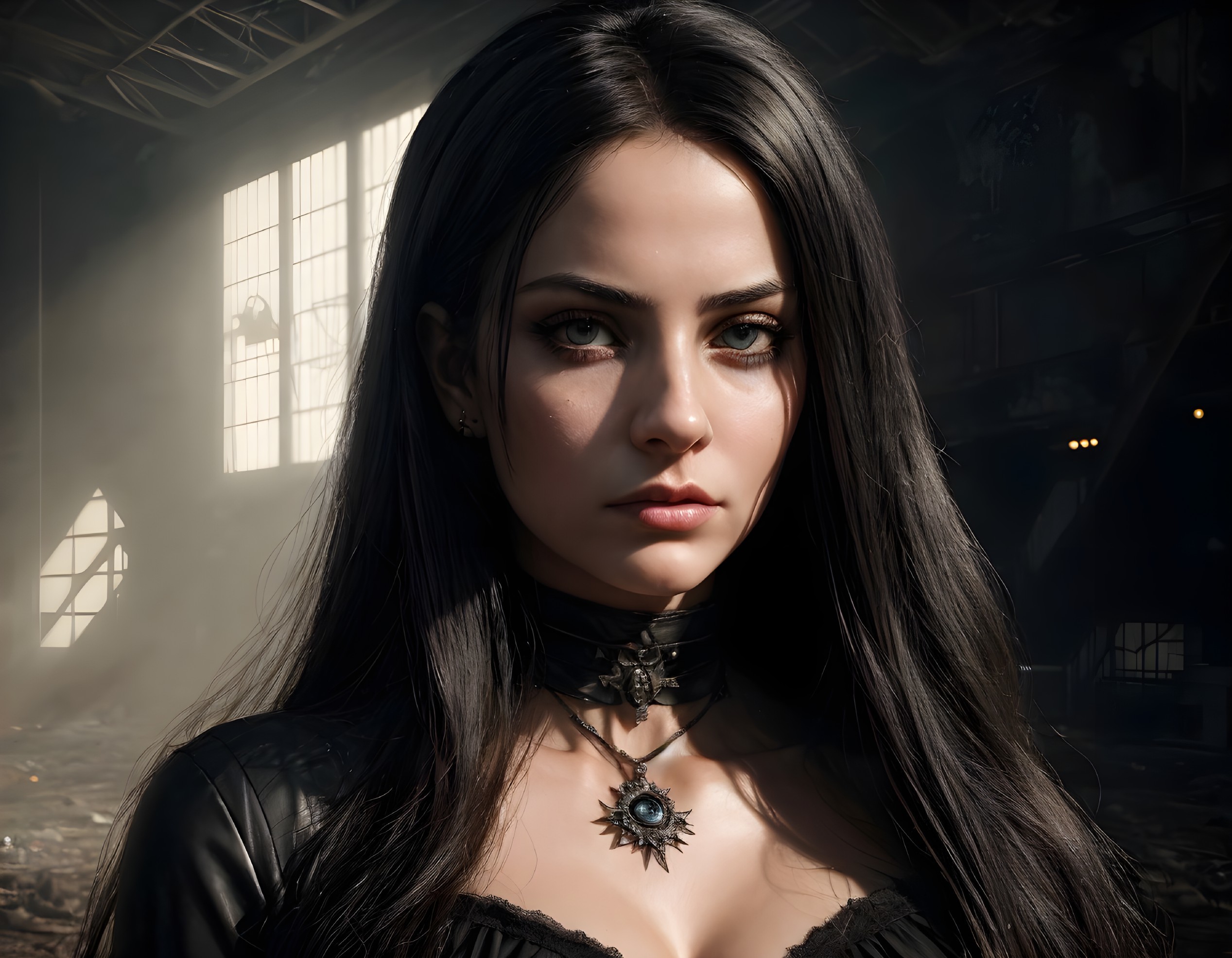 Dark-haired woman in leather outfit against industrial backdrop