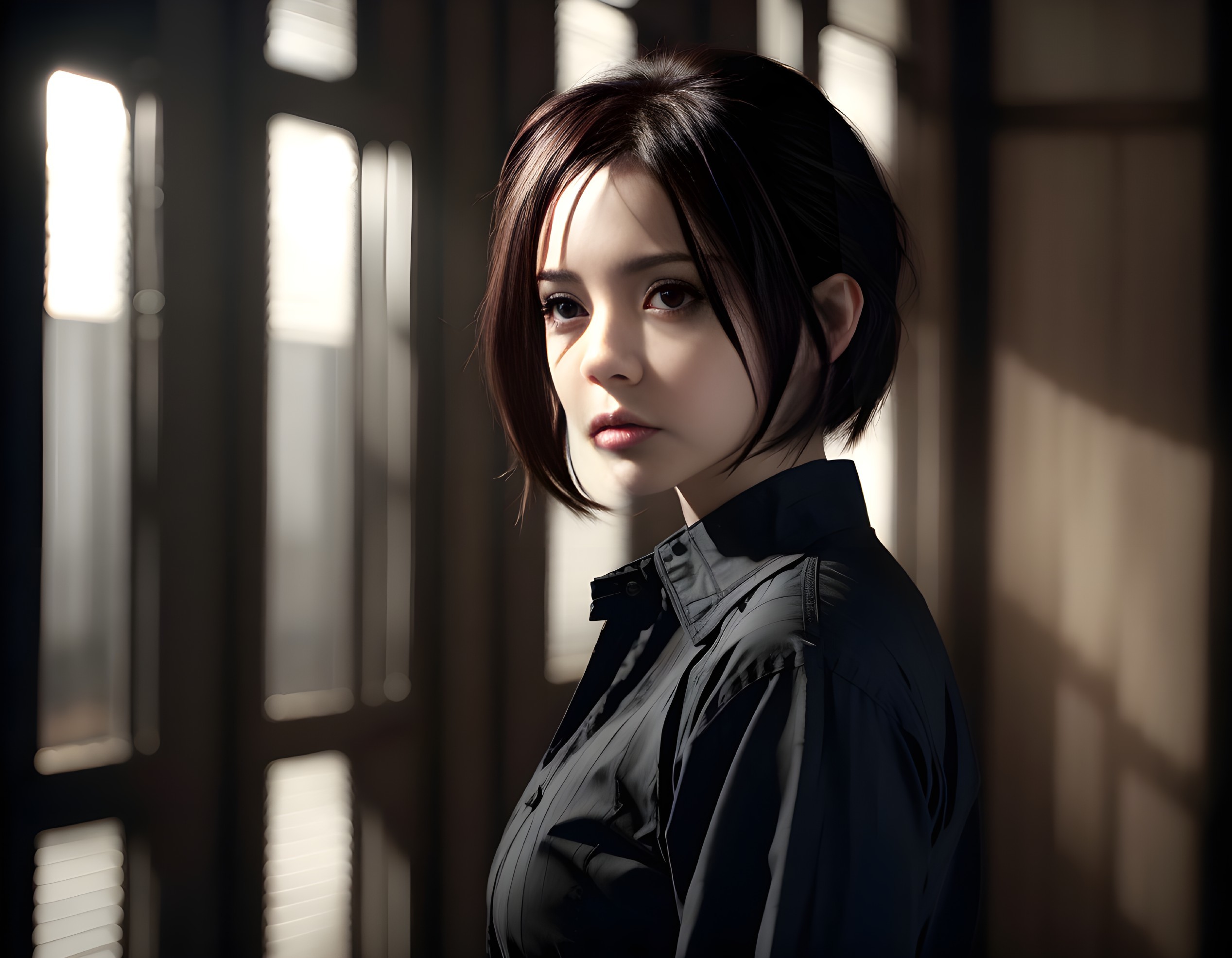 Woman with Short Hair in Dimly Lit Room
