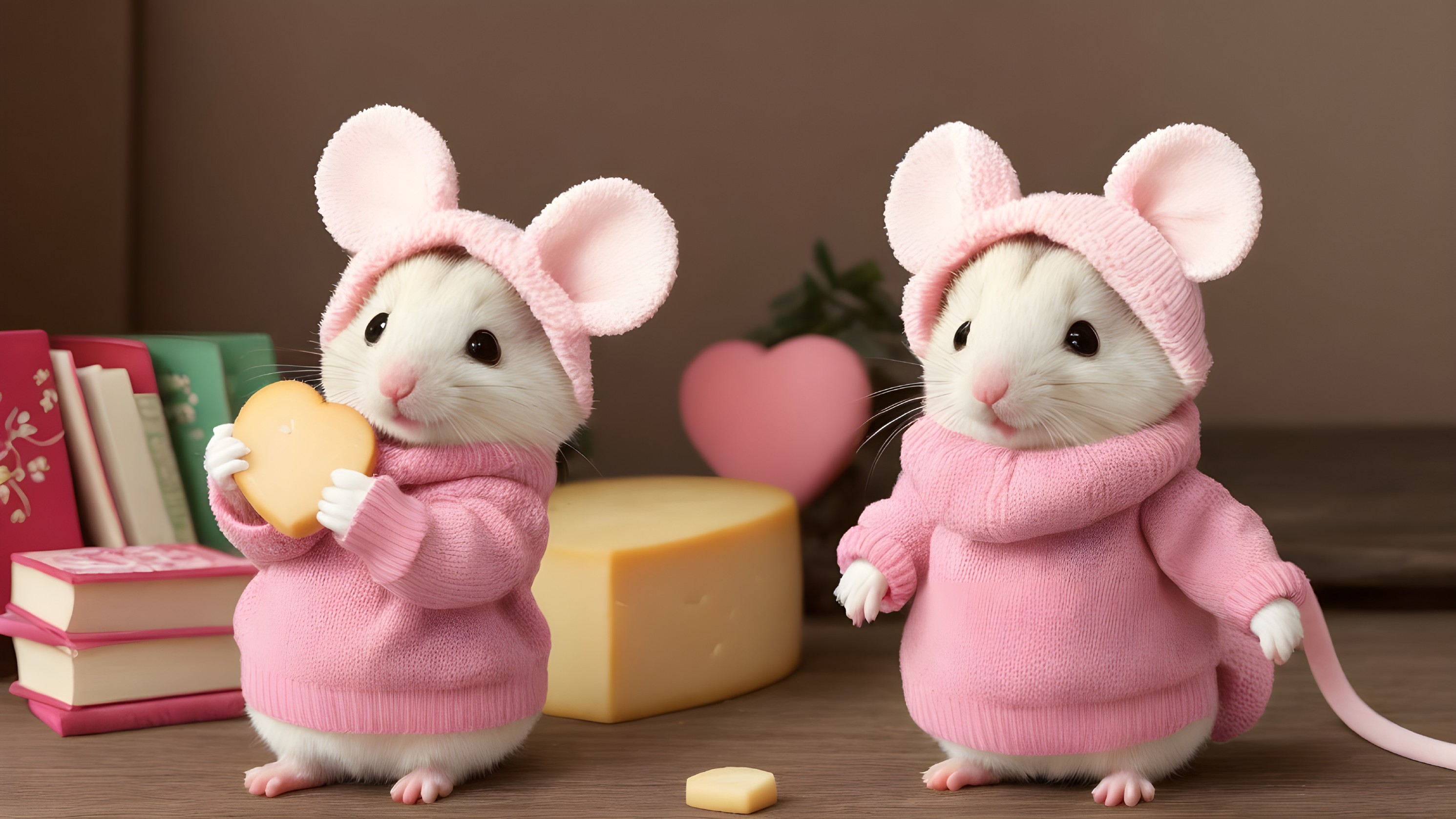 Adorable mice in pink sweaters with whimsical backdrop