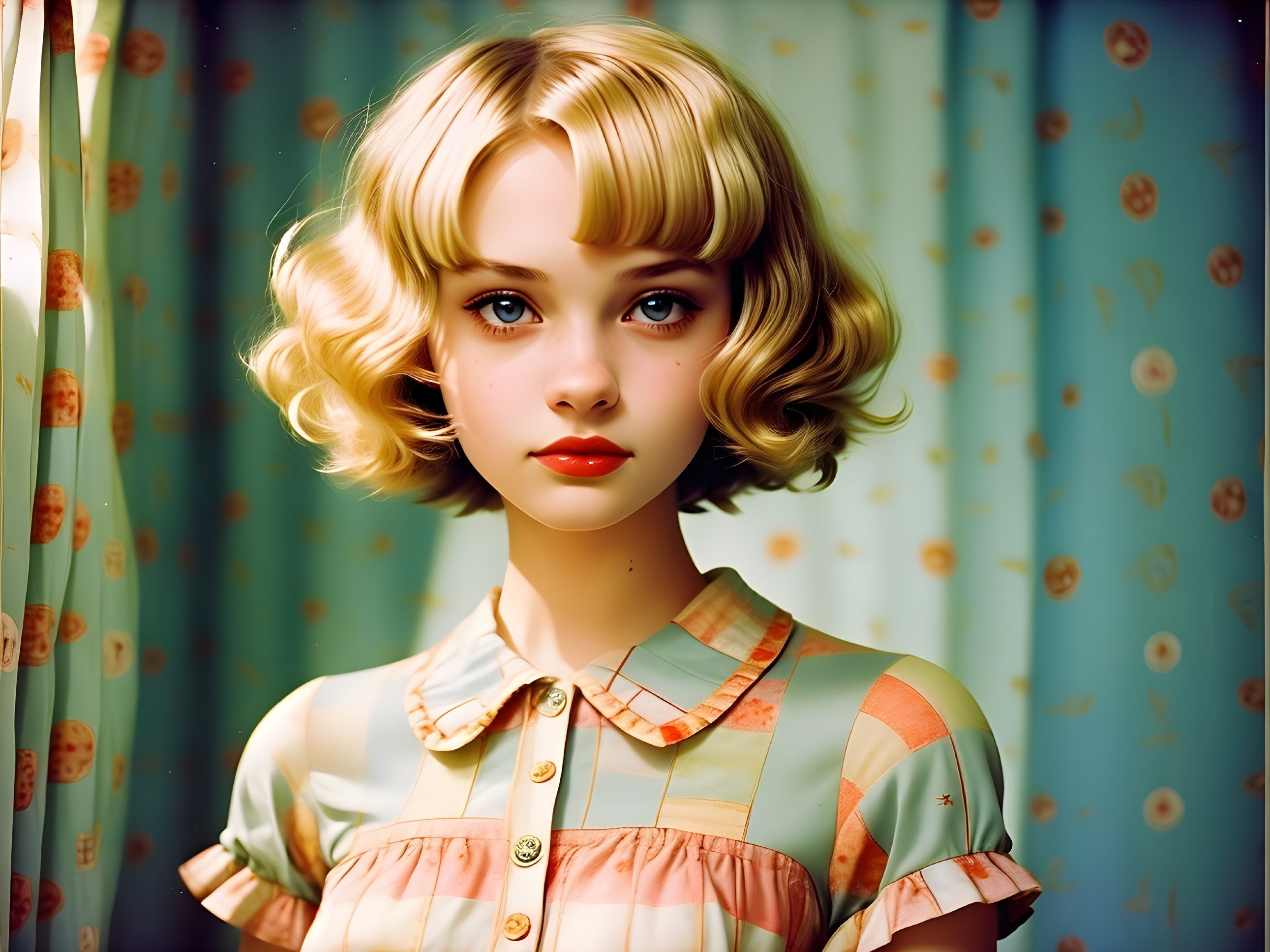 Young girl in vintage dress in softly lit pastel room