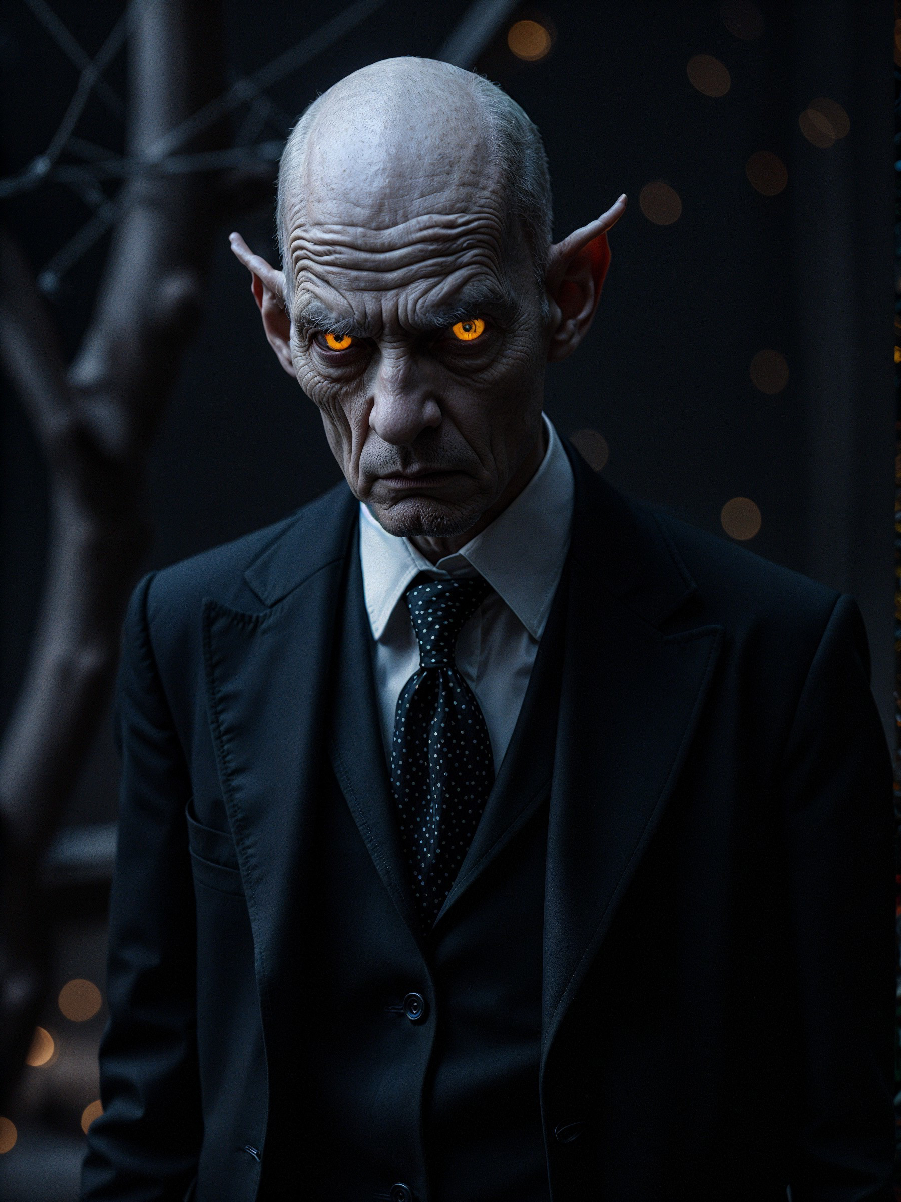 Sinister Figure in Dark Setting with Glowing Eyes