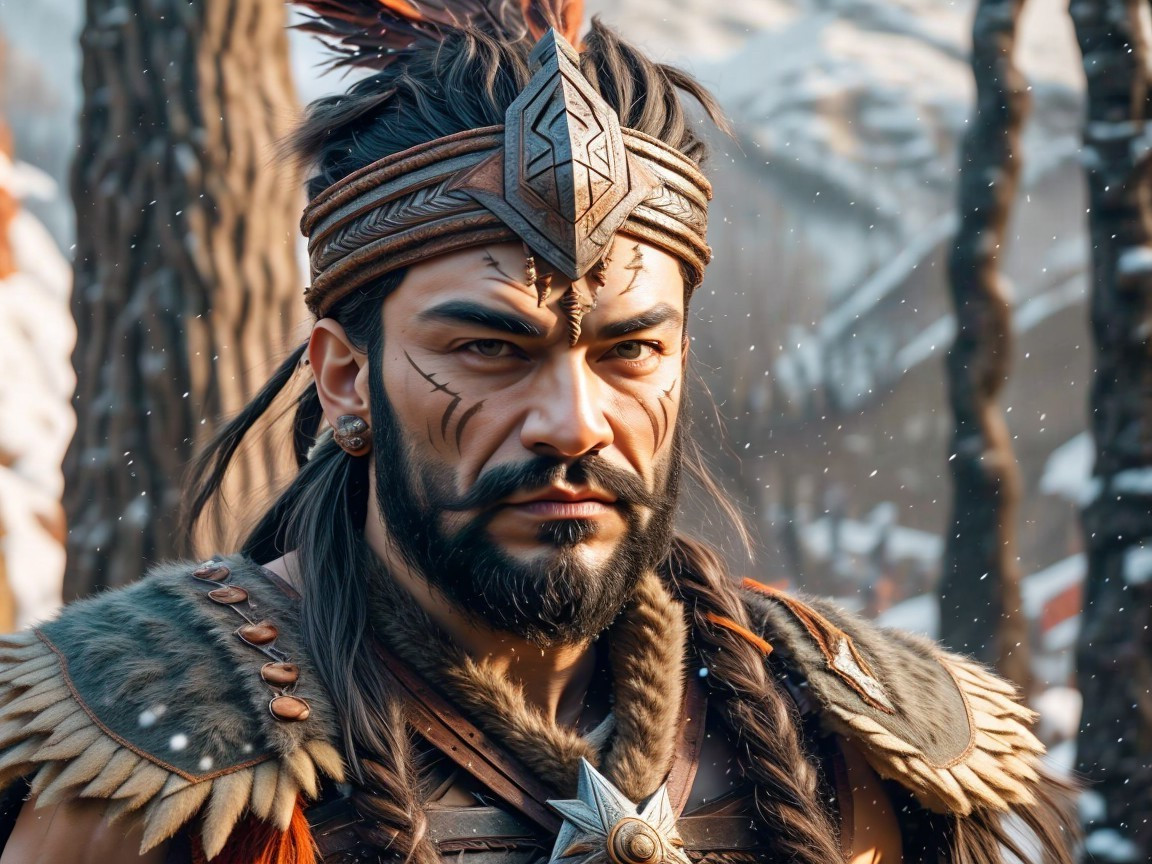 Fierce Warrior in Tribal Armor Against Snowy Backdrop