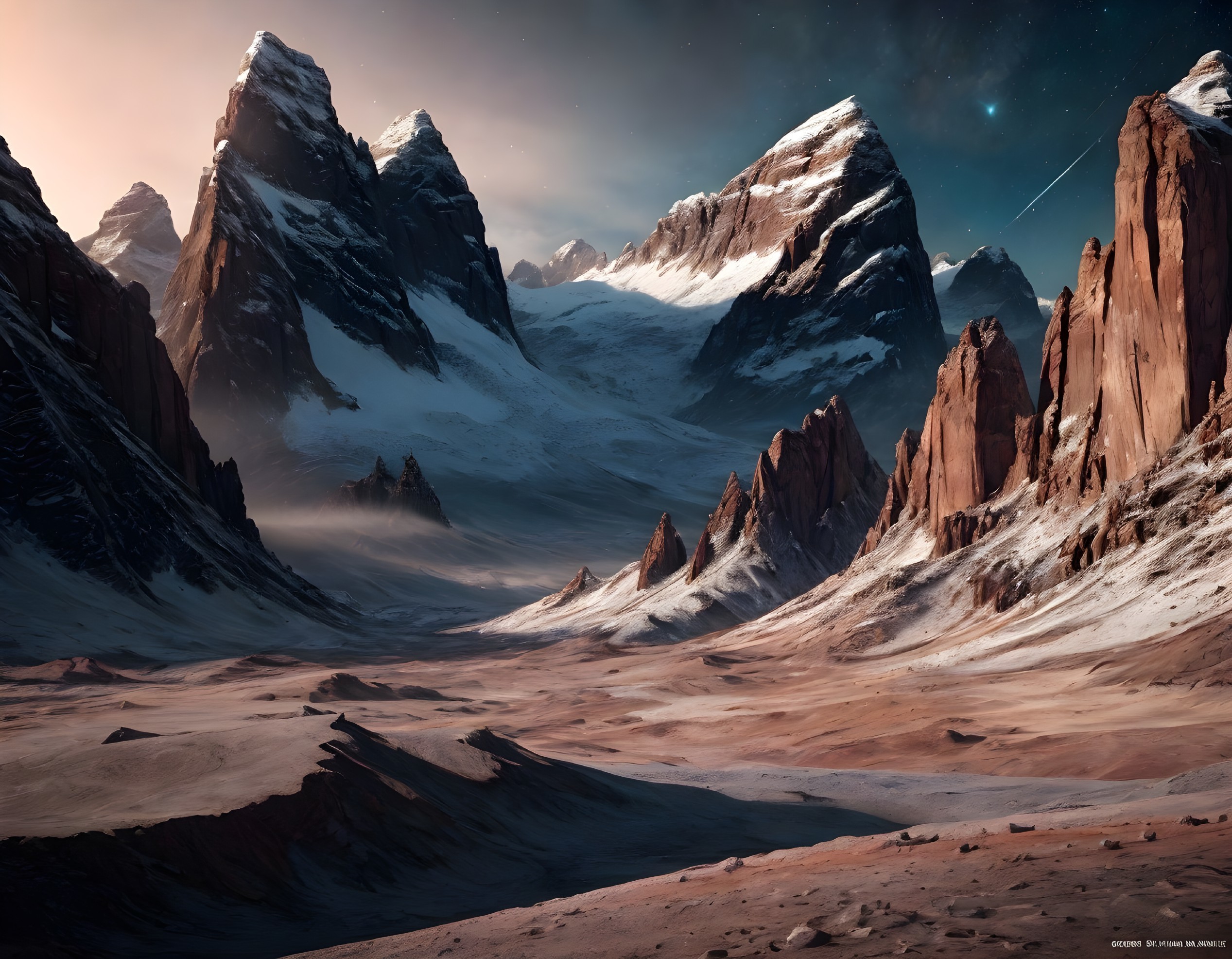 Snowy Landscape with Mountains and Dusk Sky