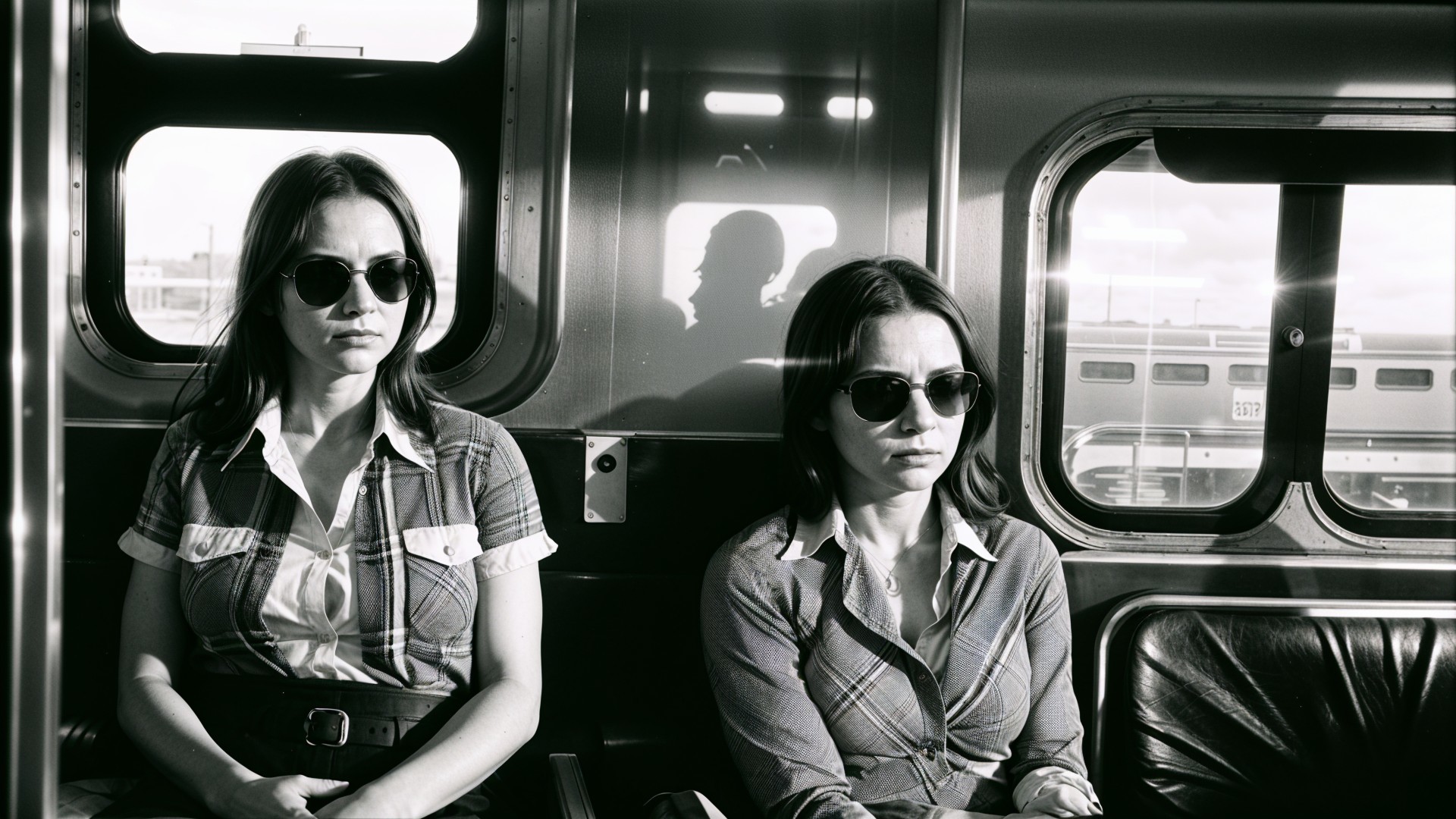 Black-and-White Train Scene with Two Women in Plaid