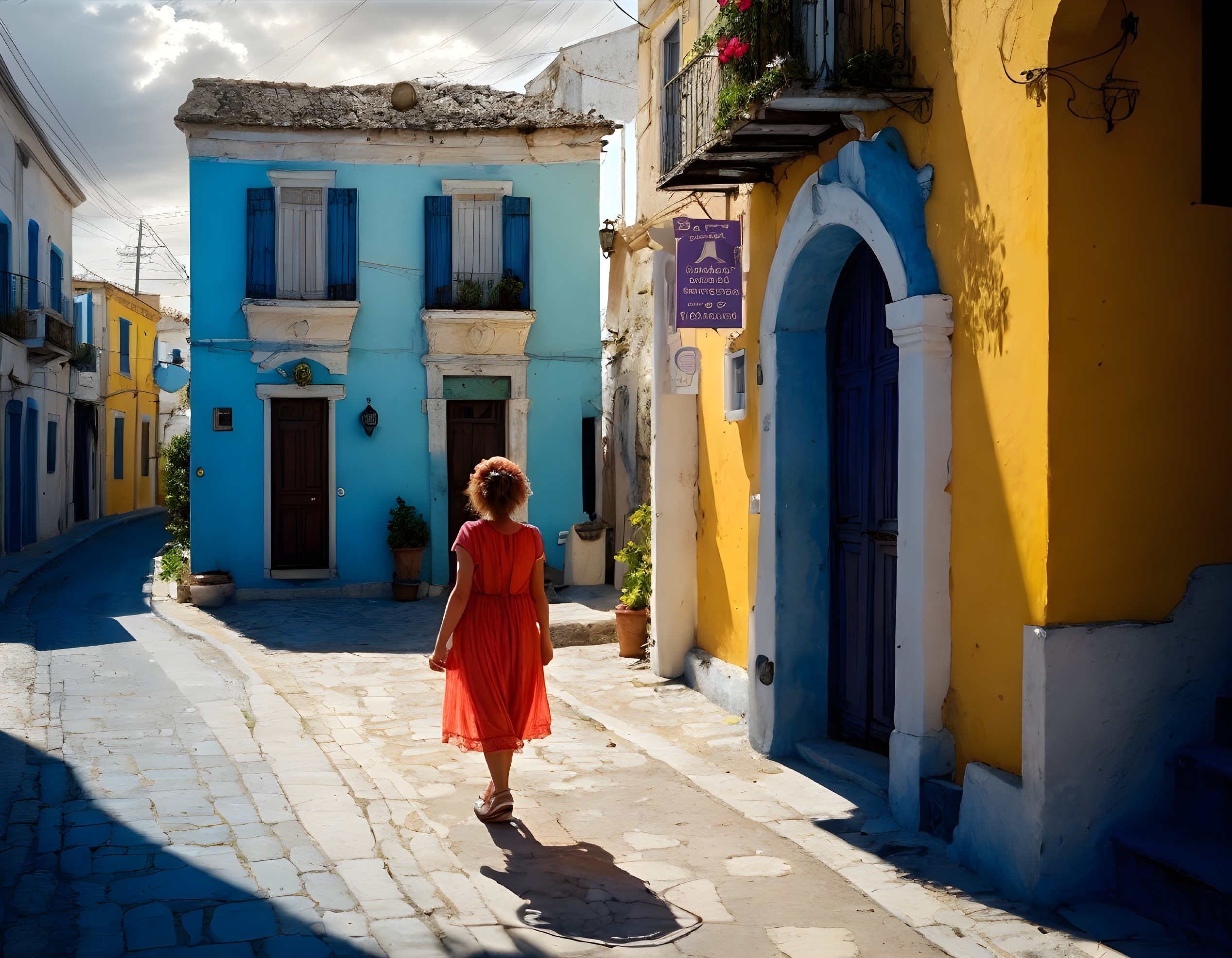 Woman in red dress strolling past colorful buildings on sunny day