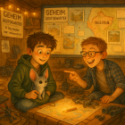 Boys in a Cozy Room with a Fuzzy Creature and Map