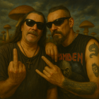 Muscular Men in Sunglasses with Surreal Backdrop
