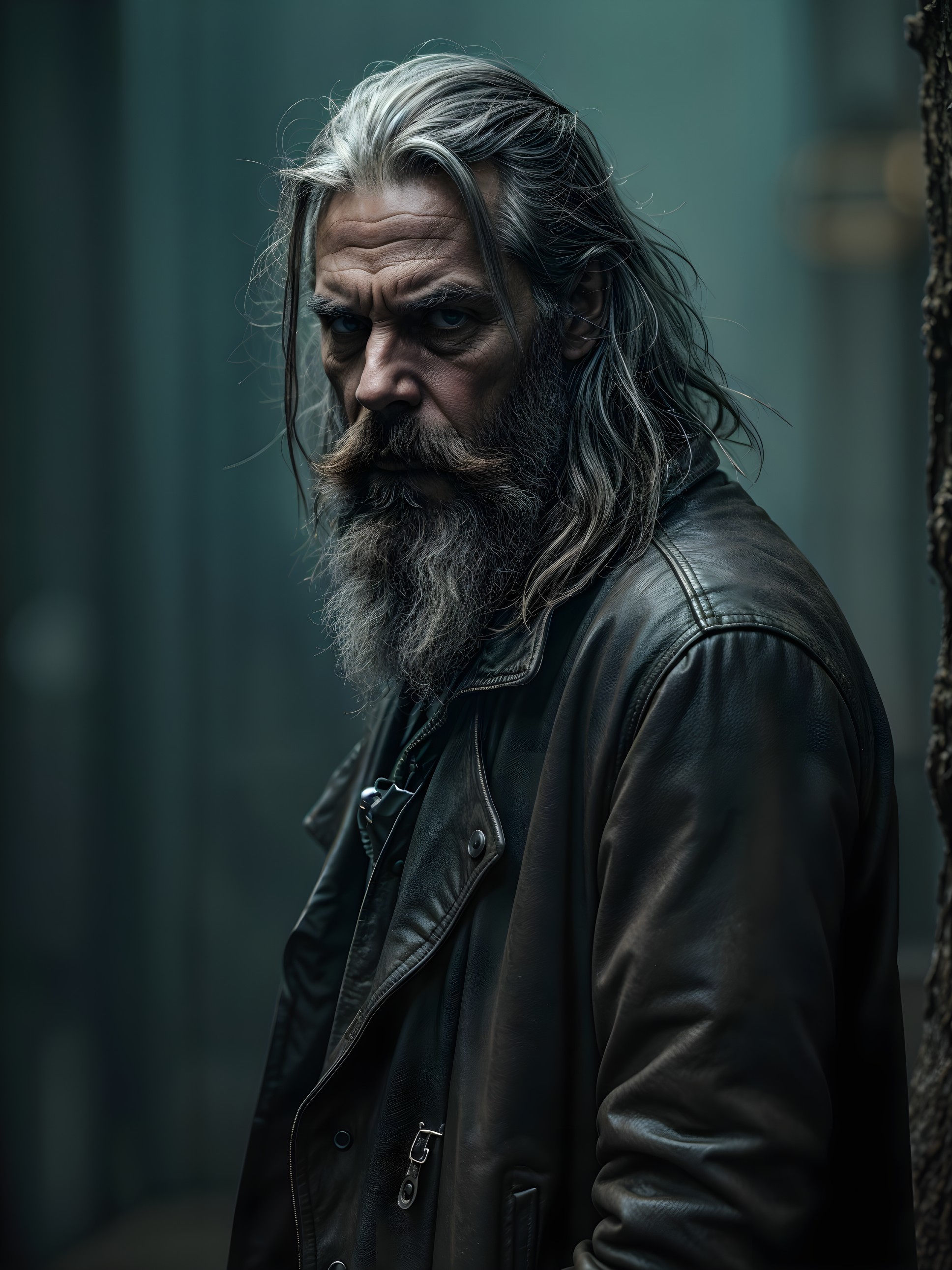 Rugged man in black leather jacket in dim alley