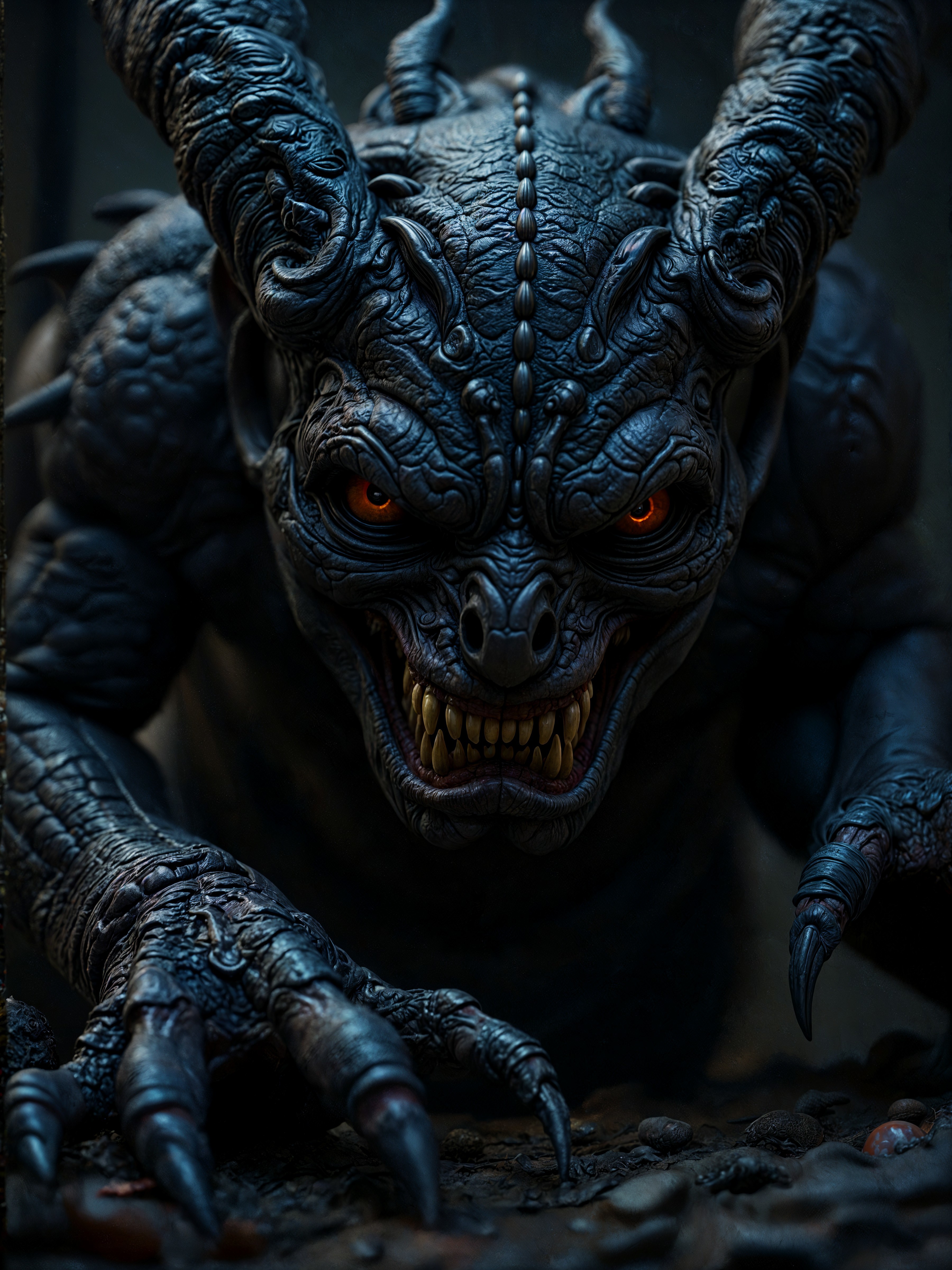 Menacing creature with dark skin and glowing eyes