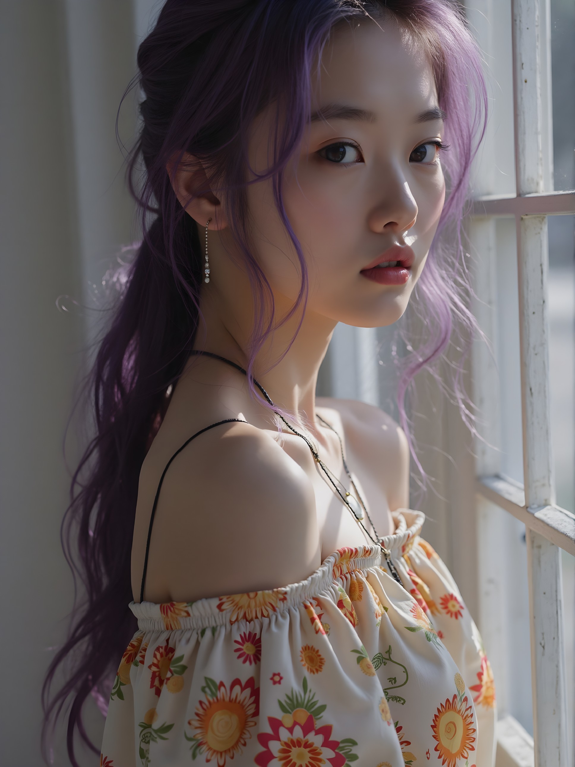 Young woman with purple hair by sunlit window