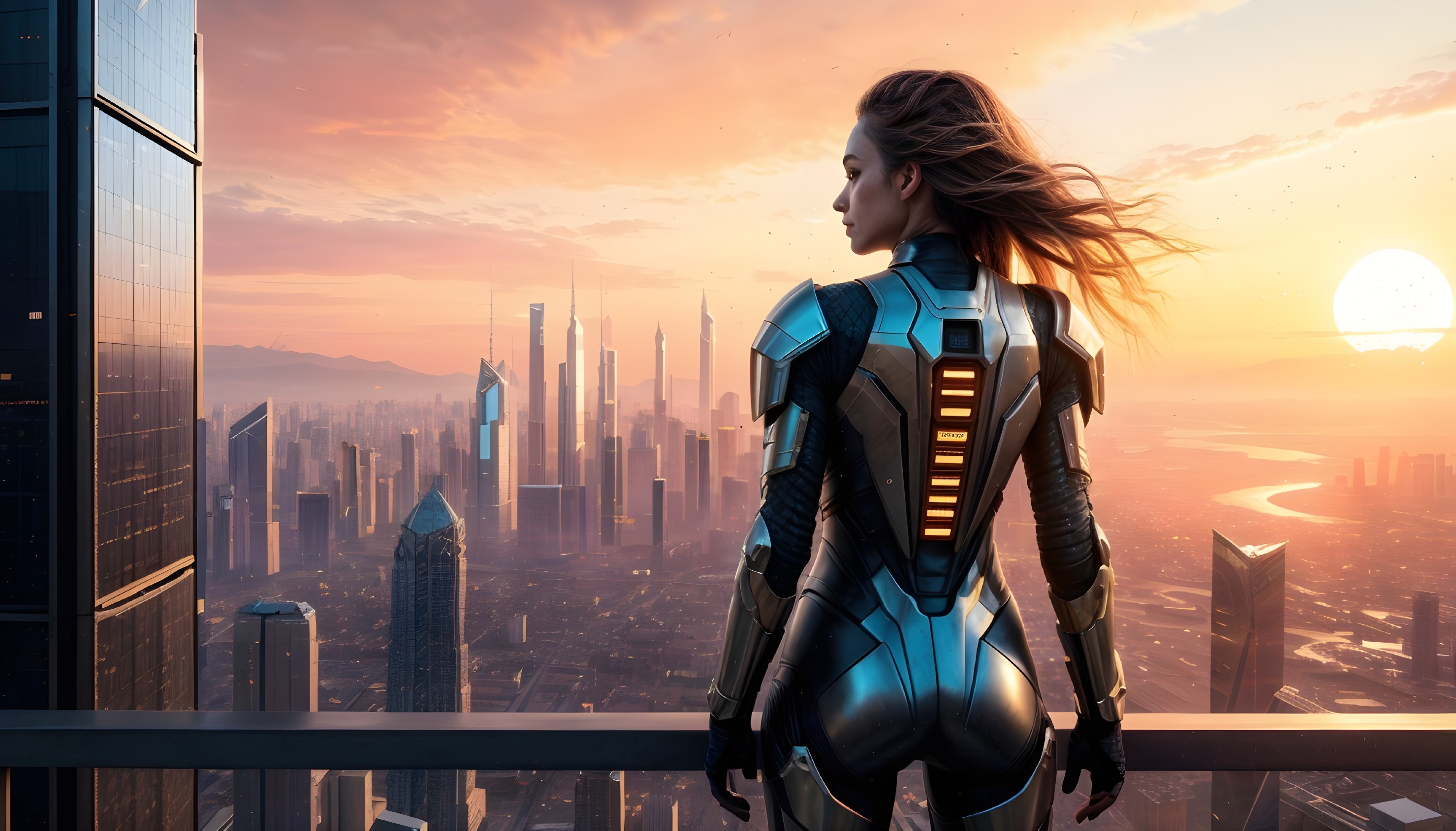 Futuristic Balcony View of Cyberpunk City at Sunset