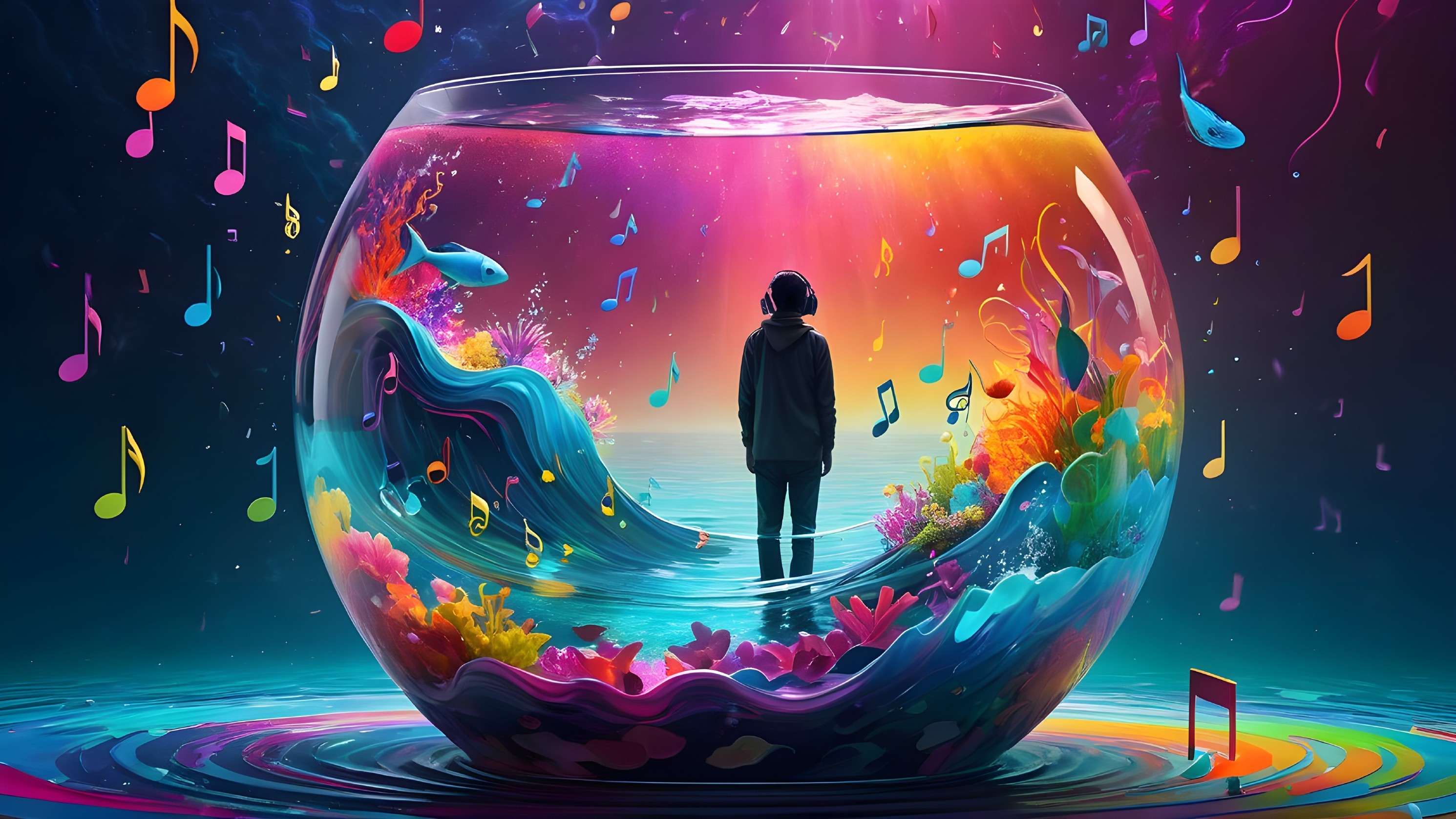 Vibrant Underwater Scene with Fishbowl and Coral Reefs