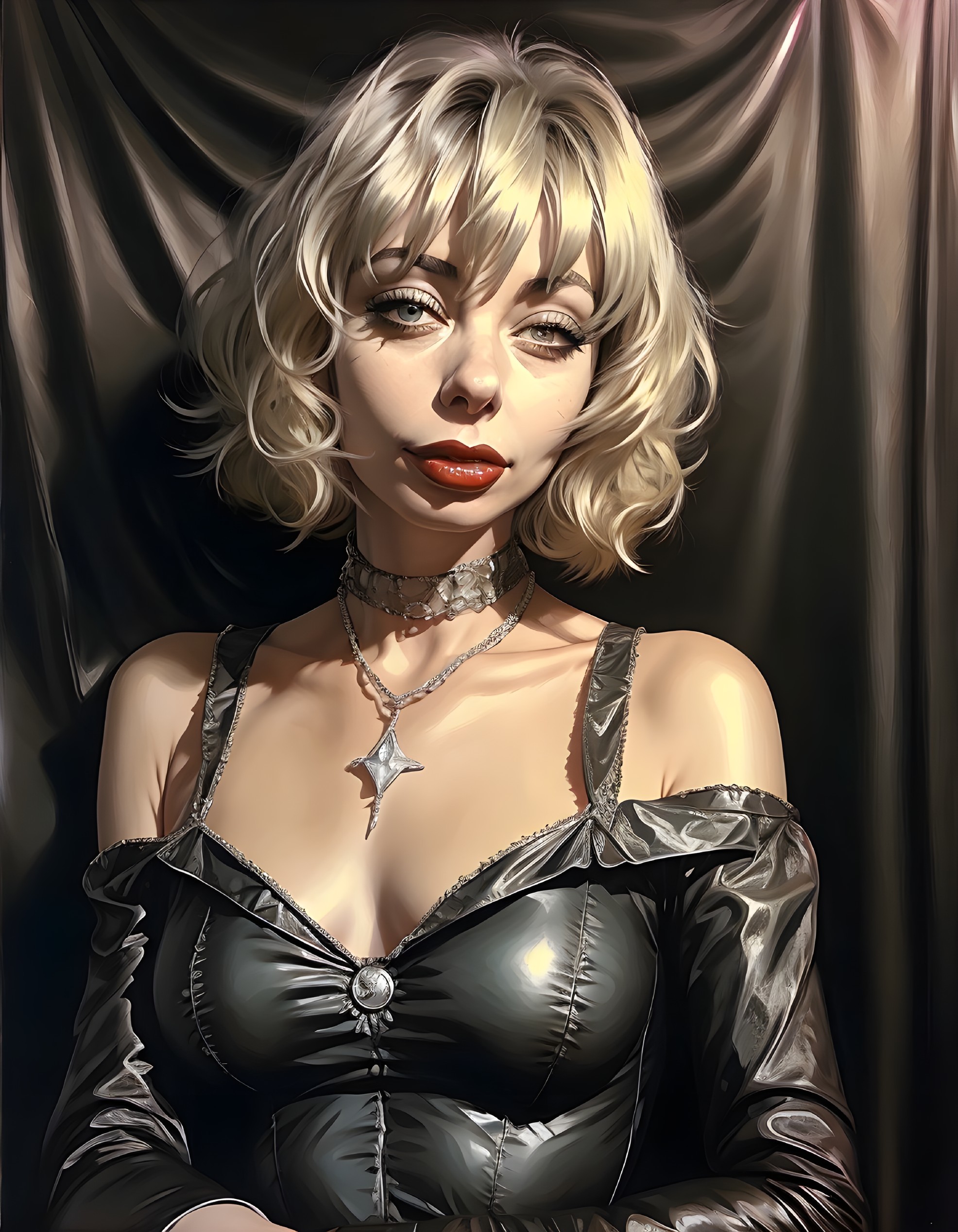 Woman in Black Dress with Wavy Blonde Hair and Necklace