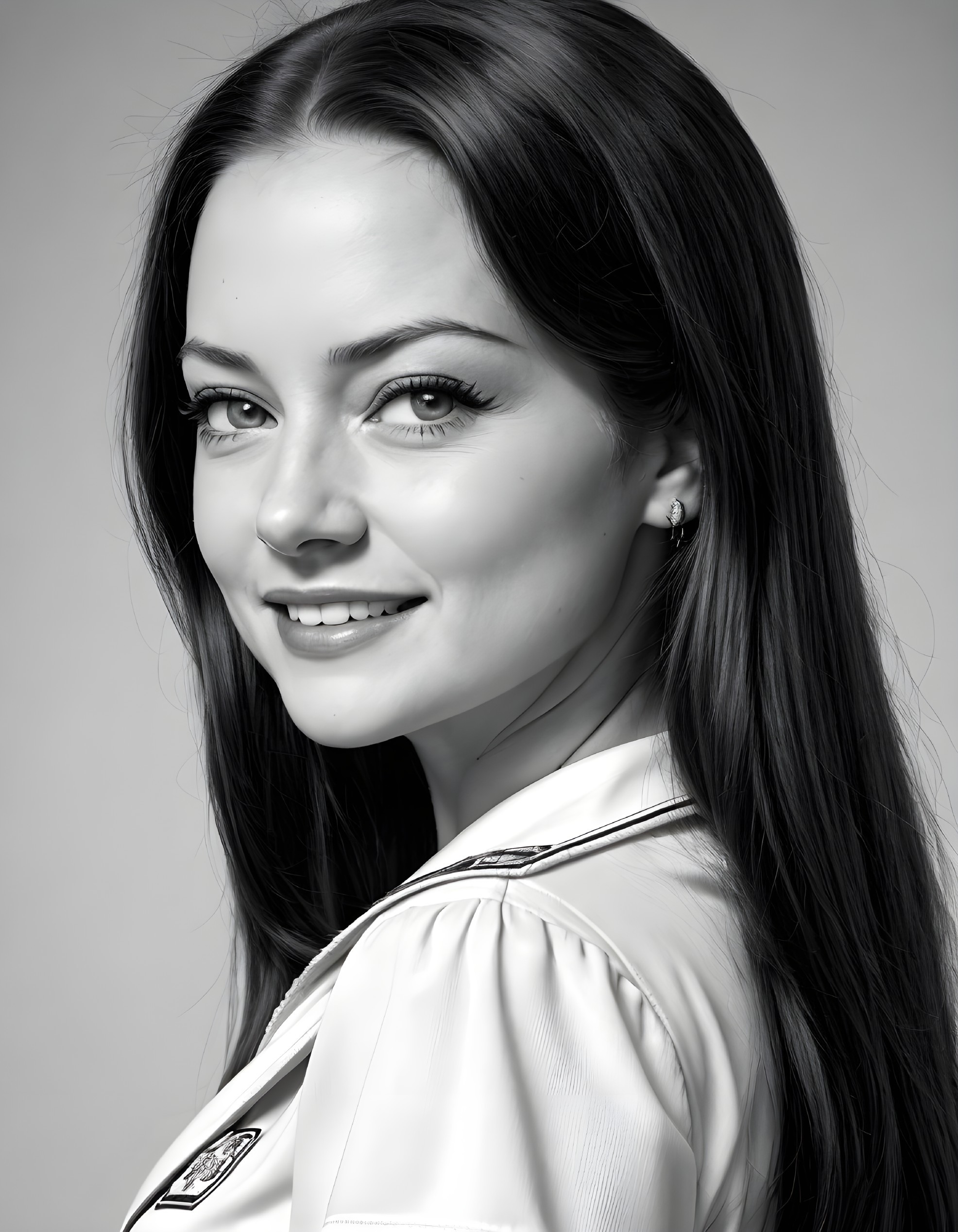 Smiling woman in black and white portrait with long hair and light blouse