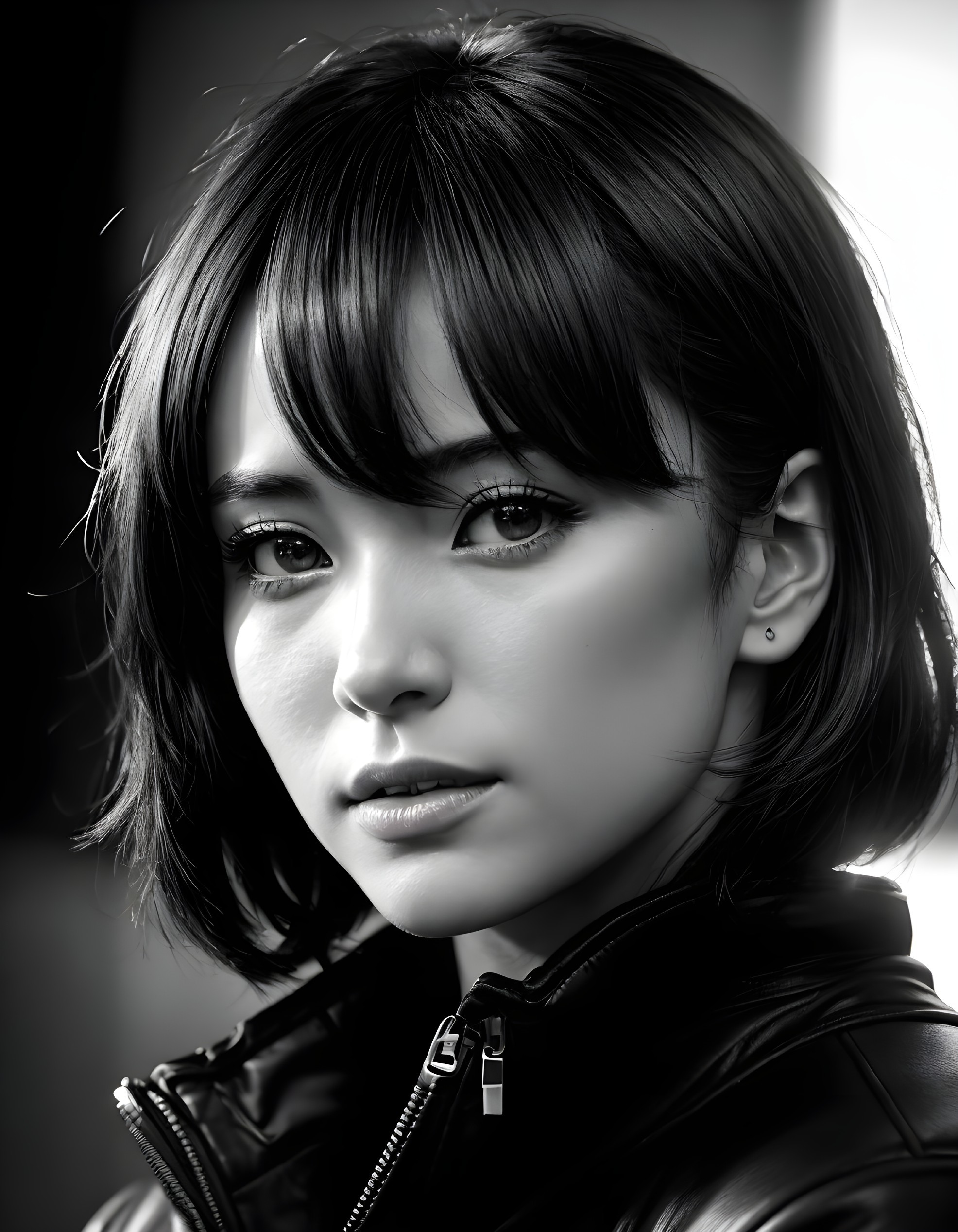 Close-Up Black and White Portrait of a Young Woman
