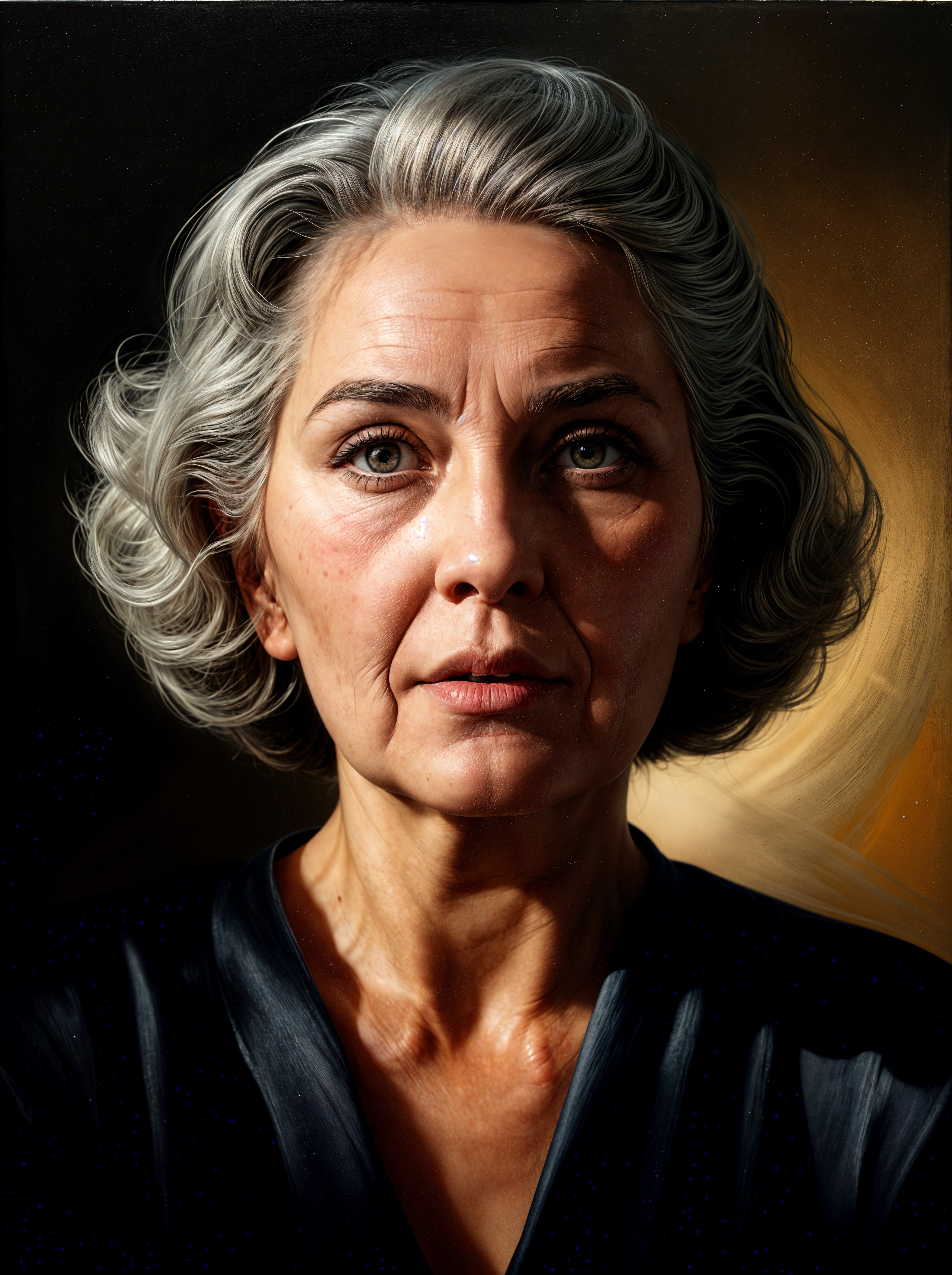 Mature Woman with Gray Hair and Thoughtful Expression