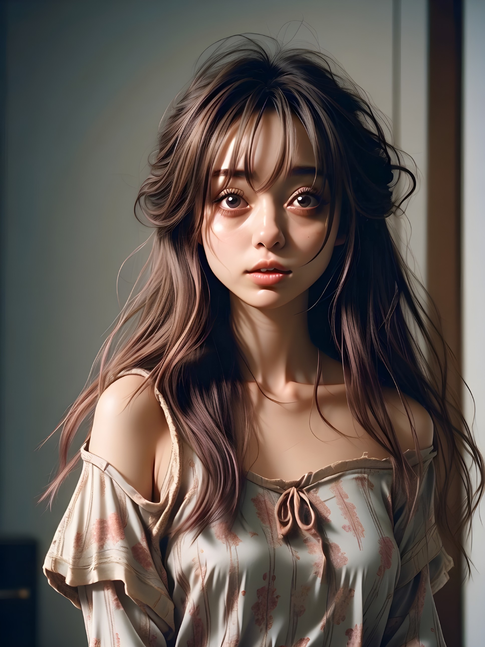 Young woman in softly lit room with floral blouse
