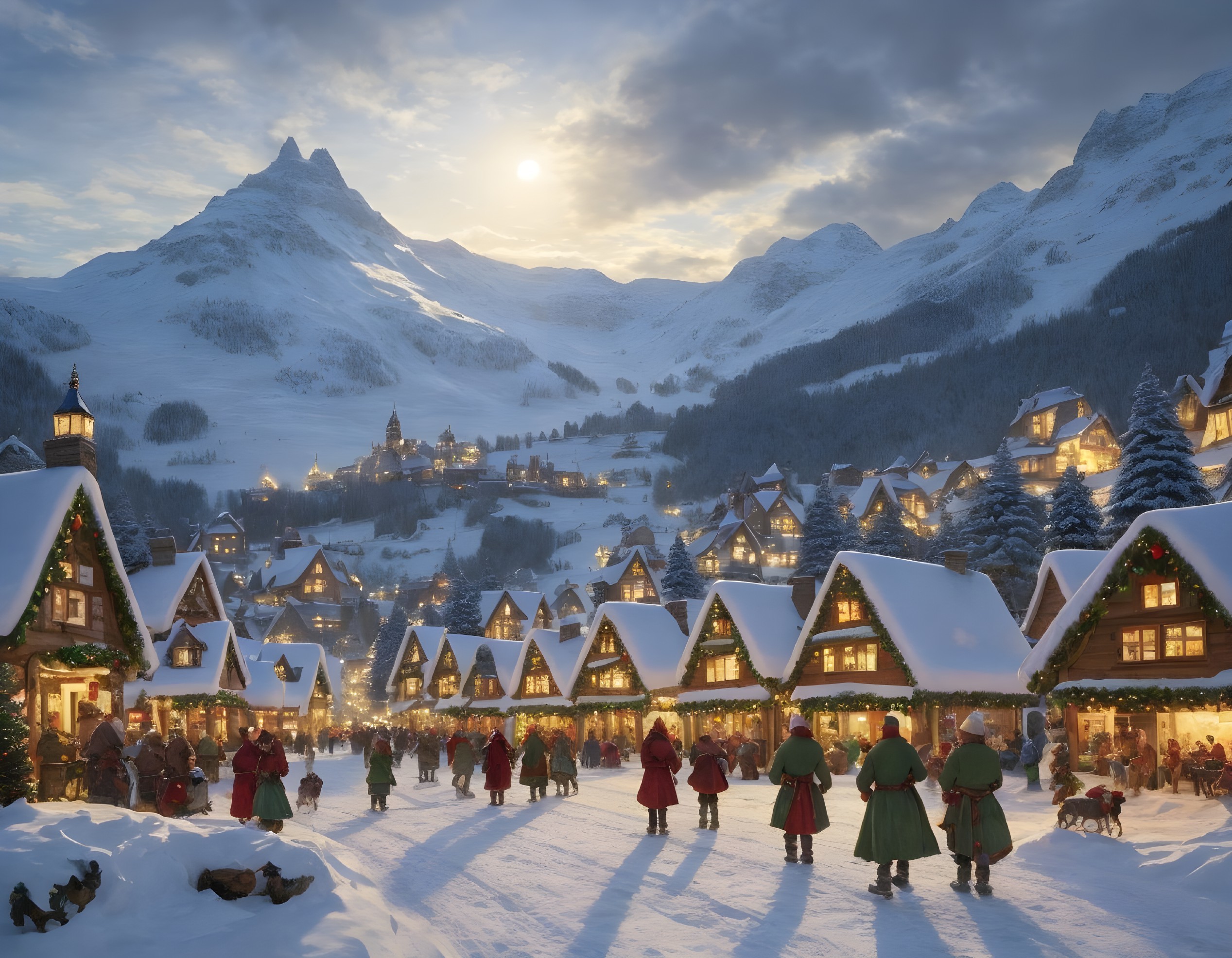 Snowy village at sunset with illuminated buildings, villagers in winter attire, and mountain backdrop
