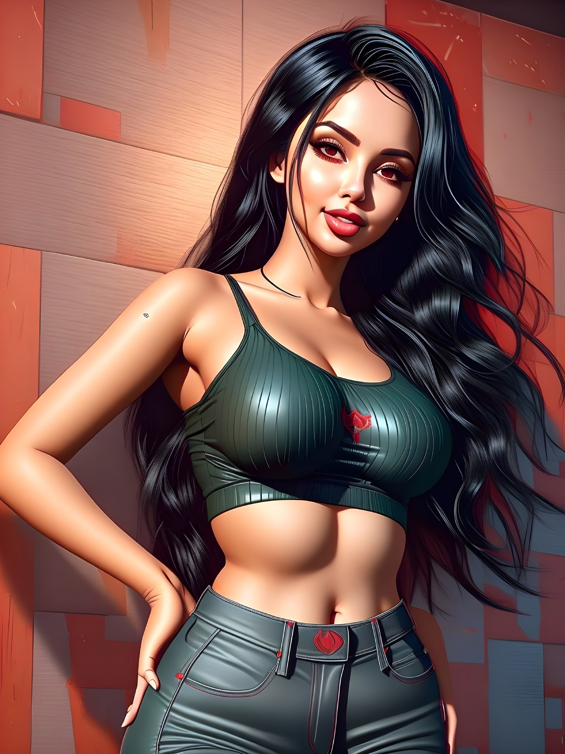 Stylized woman in dark green outfit with geometric backdrop