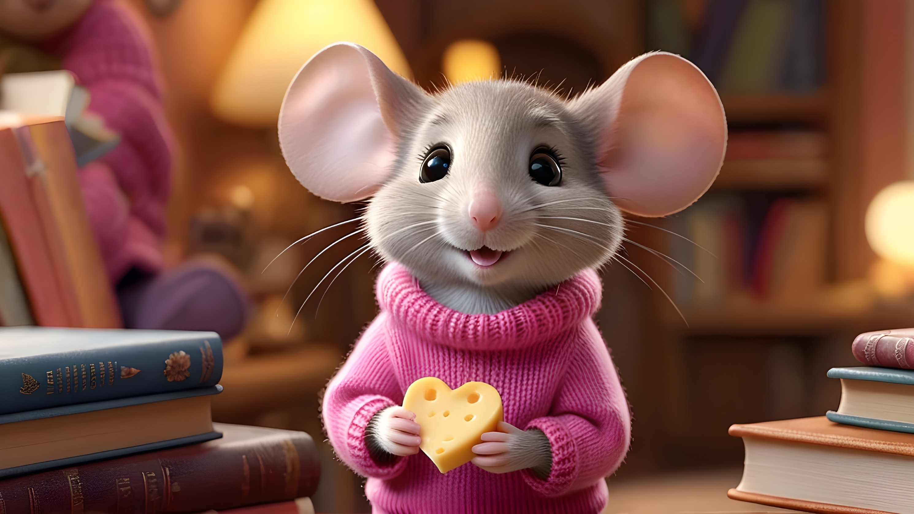 Cartoon Mouse in Pink Sweater with Heart-Shaped Cheese