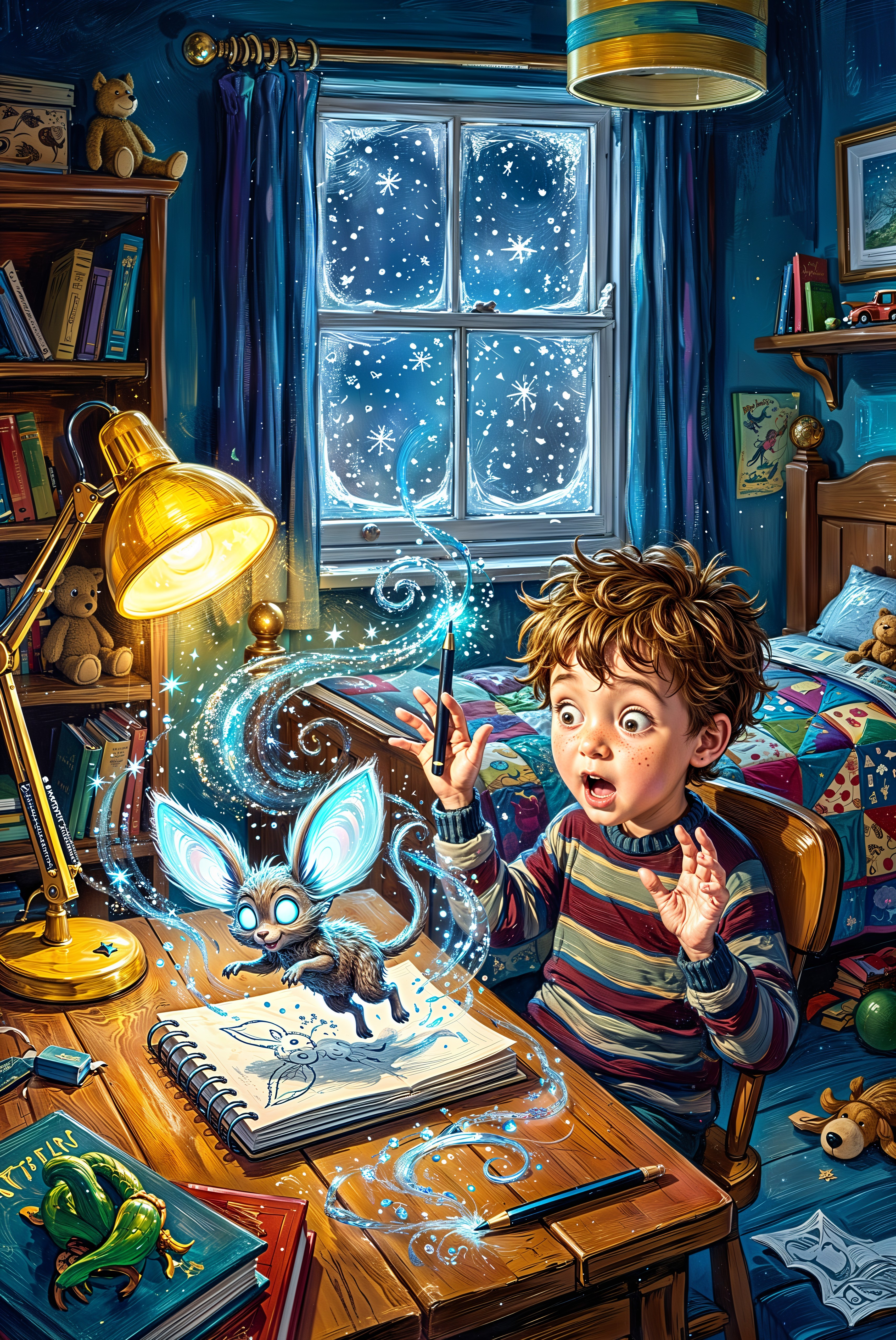 Young boy at desk with magical blue light and creature