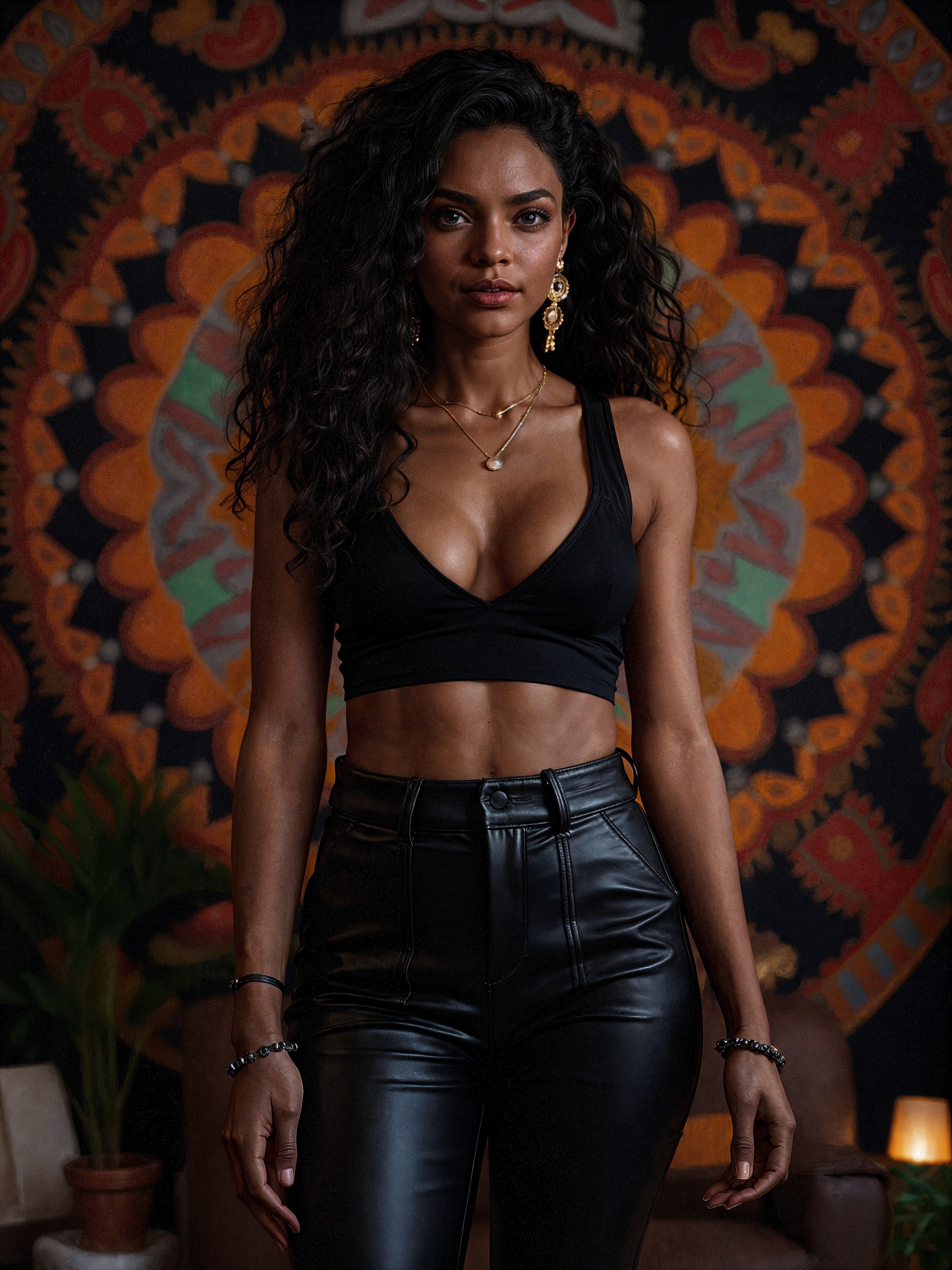 Confident Woman in Stylish Black Outfit Against Patterned Background