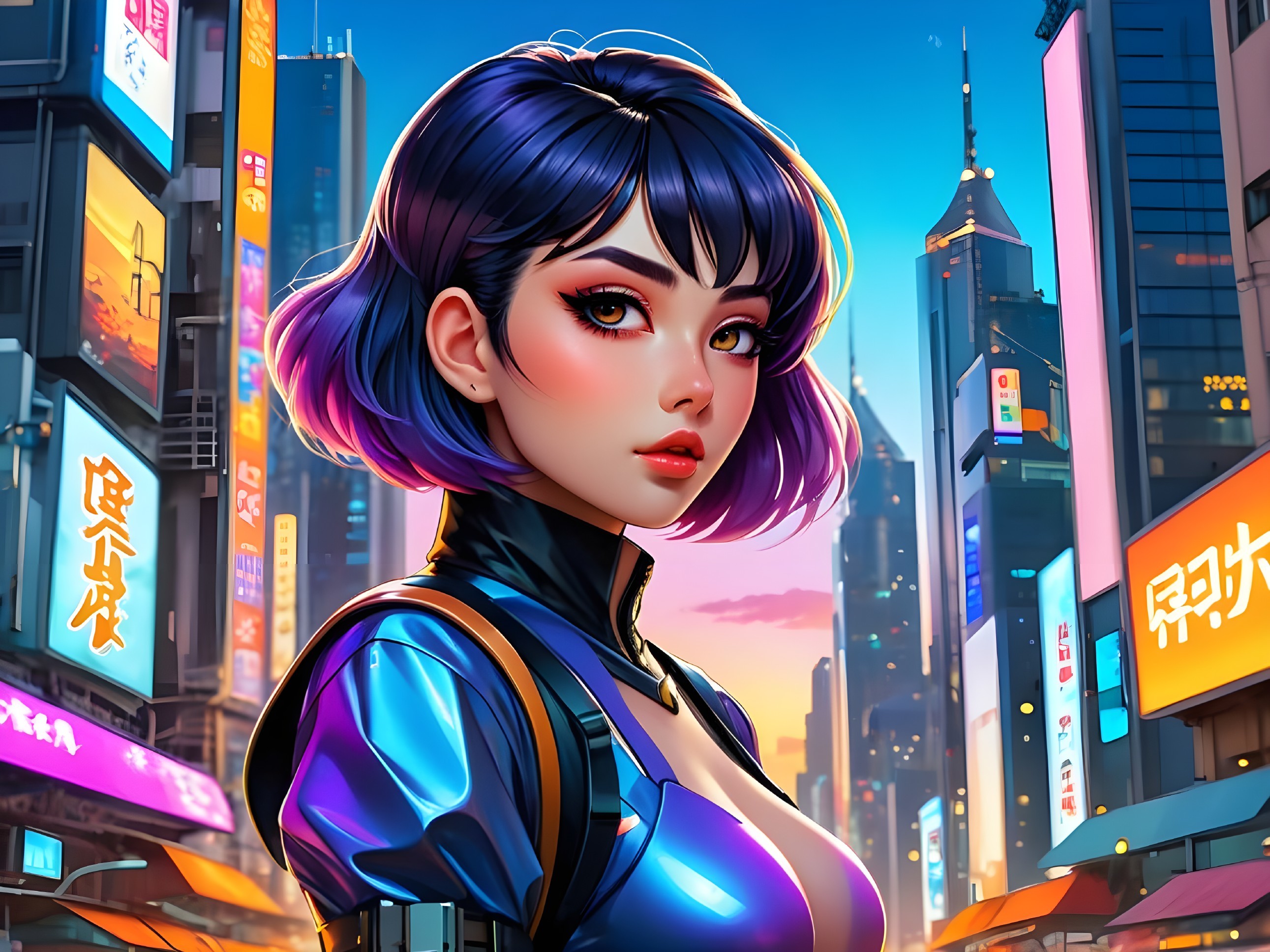 Stylish Woman with Purple Bob in Urban Cyberpunk Scene