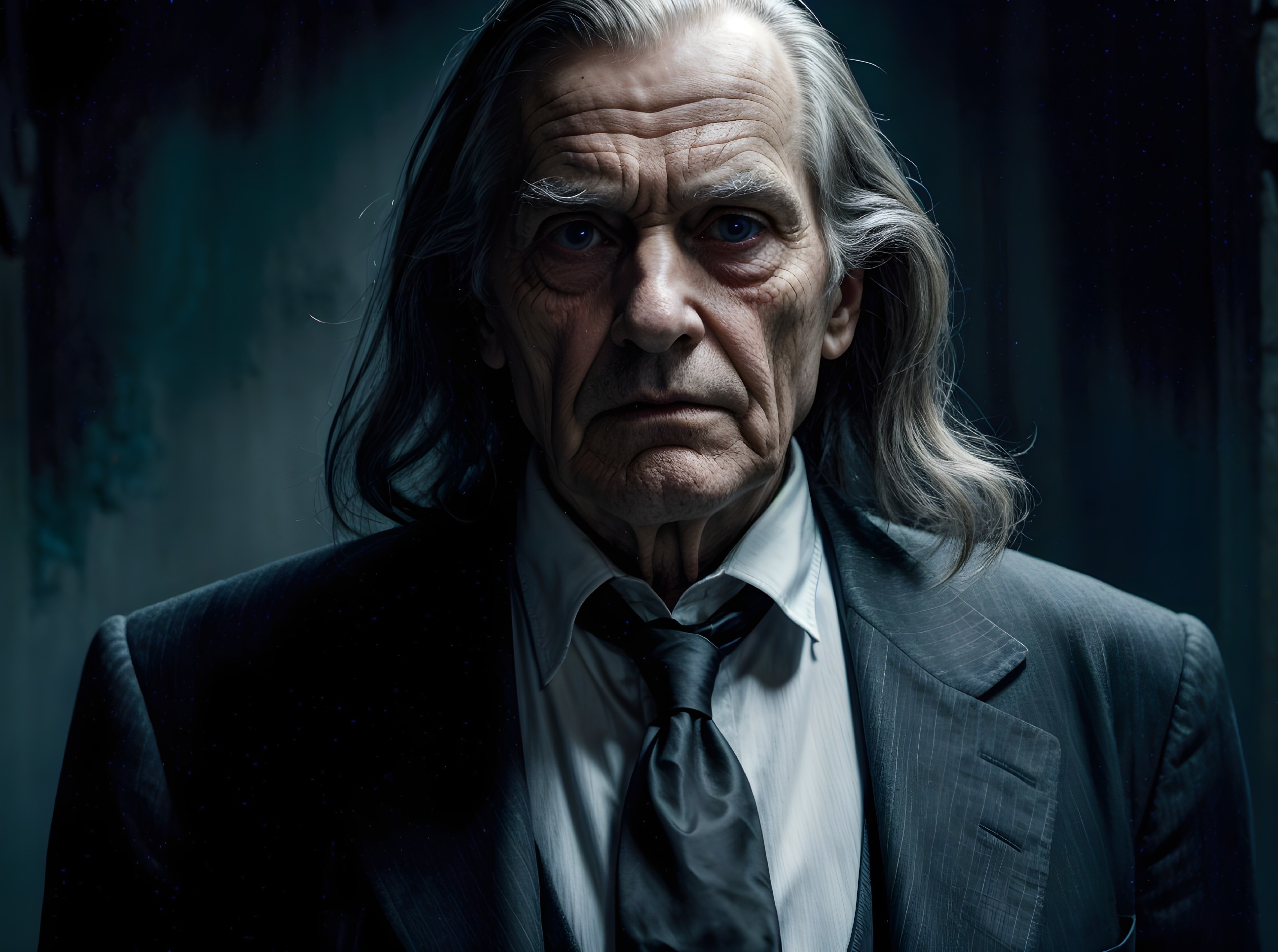 Elderly Man in Formal Suit with Silver Hair and Intensity