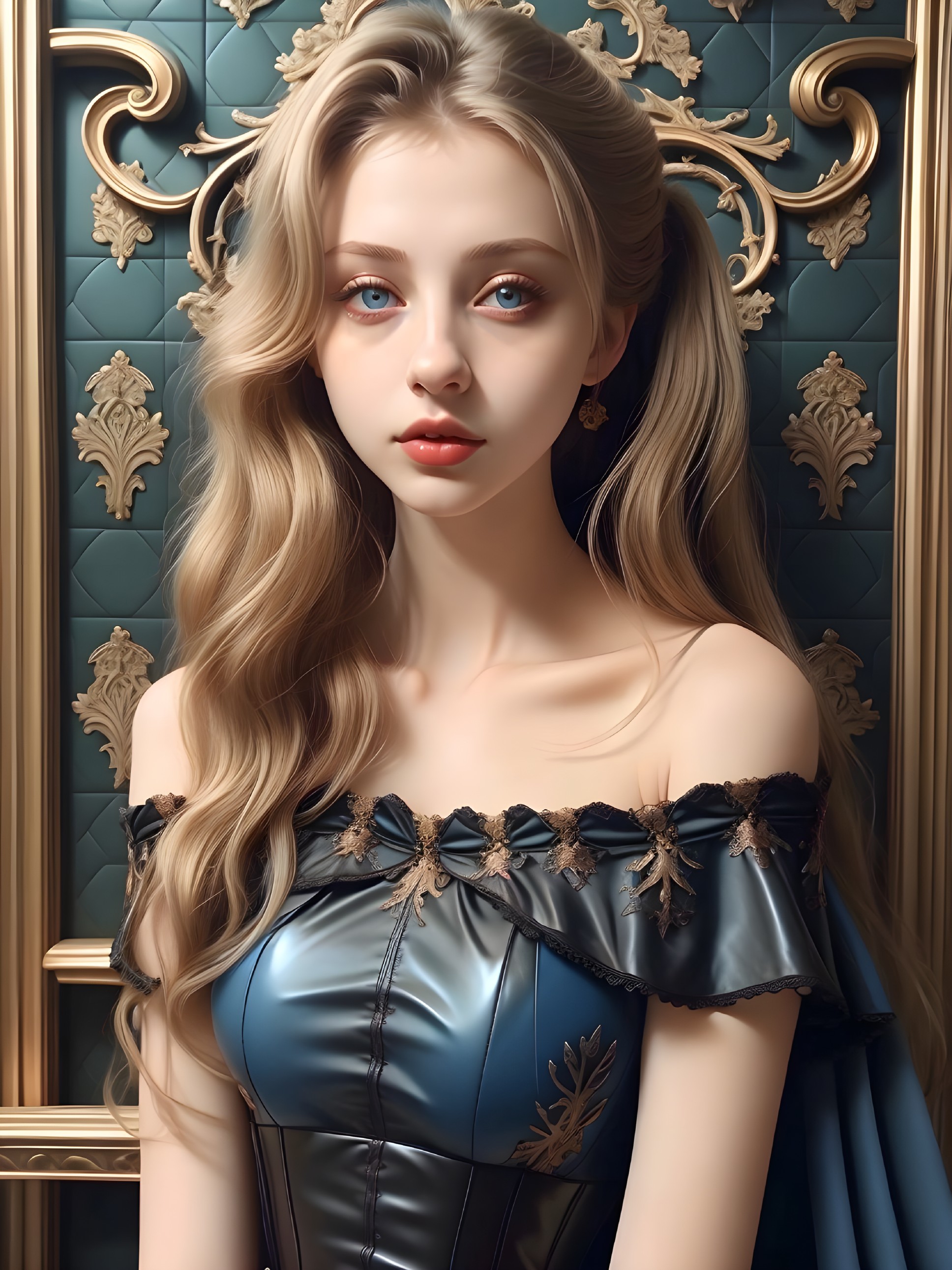 Young woman in elegant off-shoulder dress with patterns