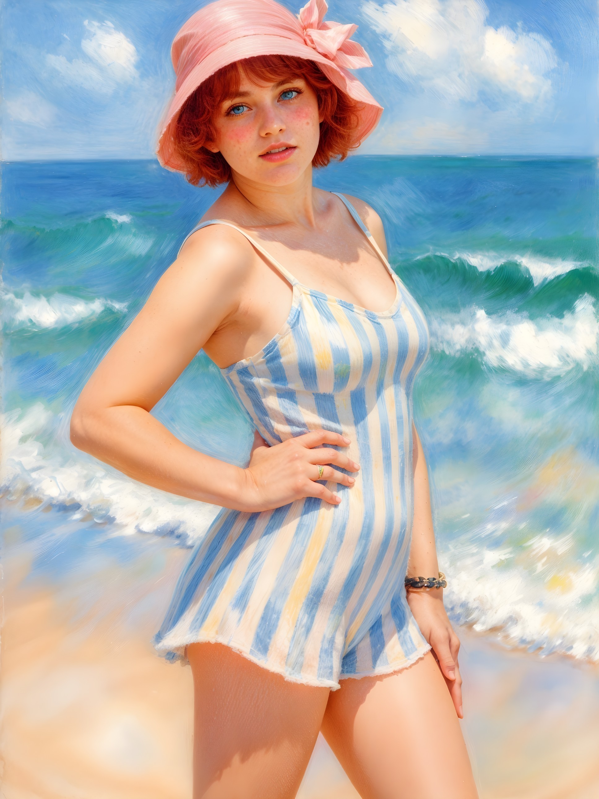 Young Woman in Vintage Swimsuit at Sunlit Beach