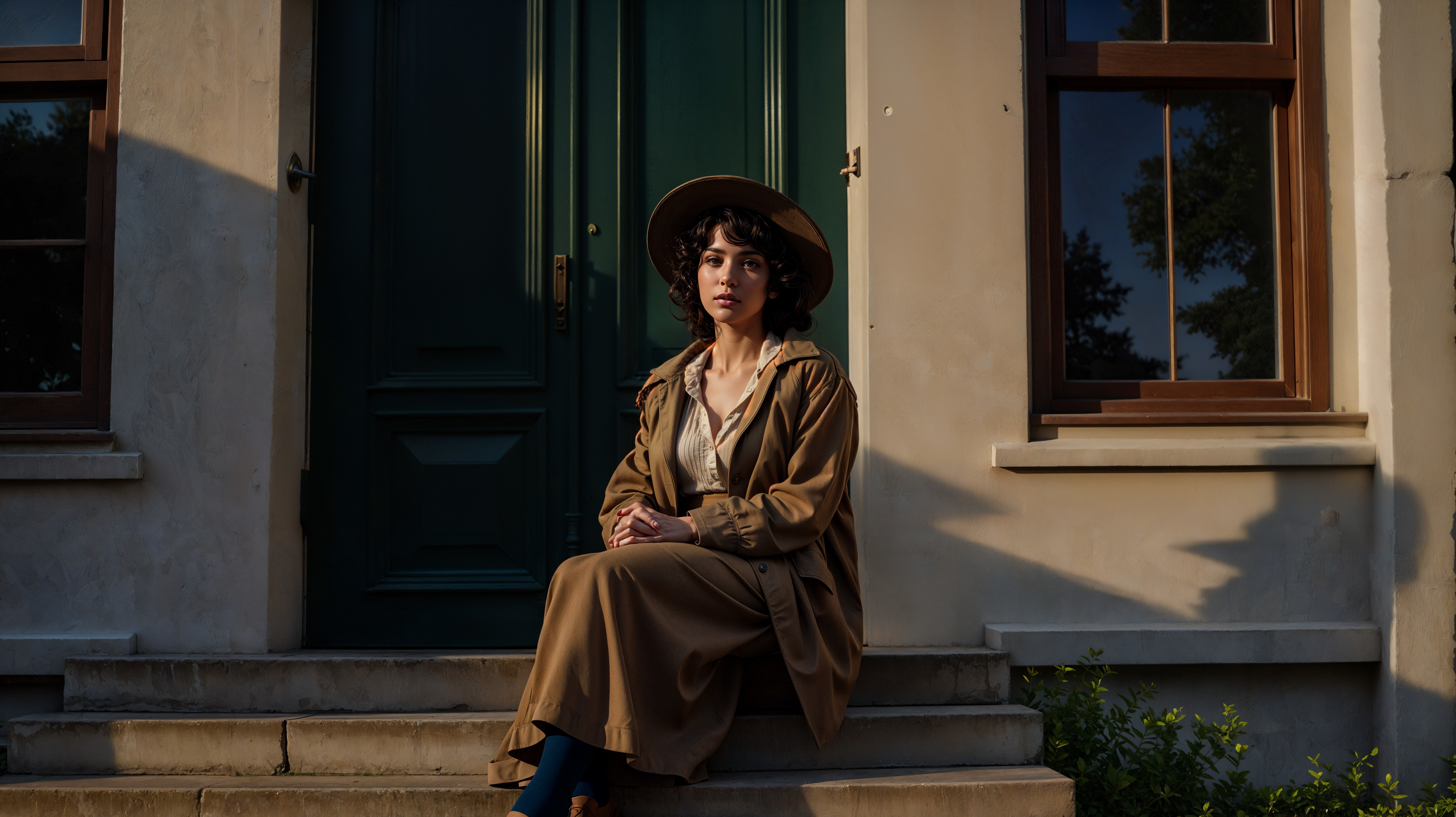 Woman in Beige Coat on Steps of Stylish Building