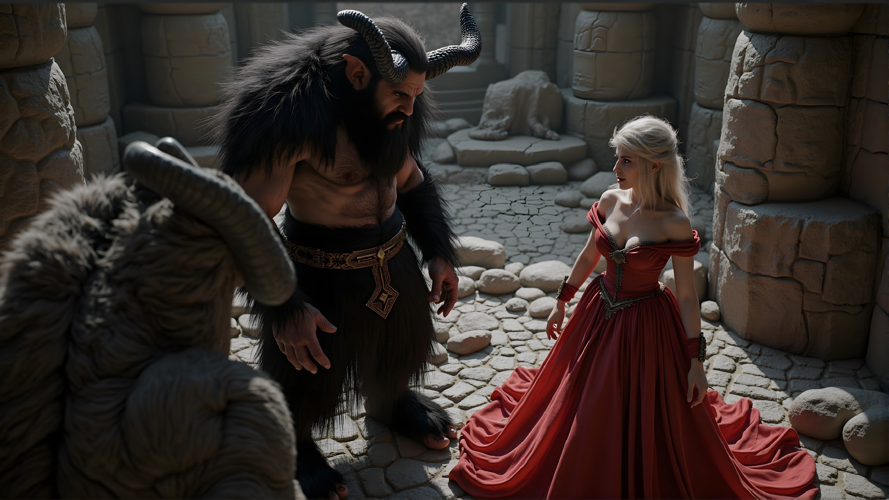 Ancient Stone Setting with Goat-Like Creature and Woman