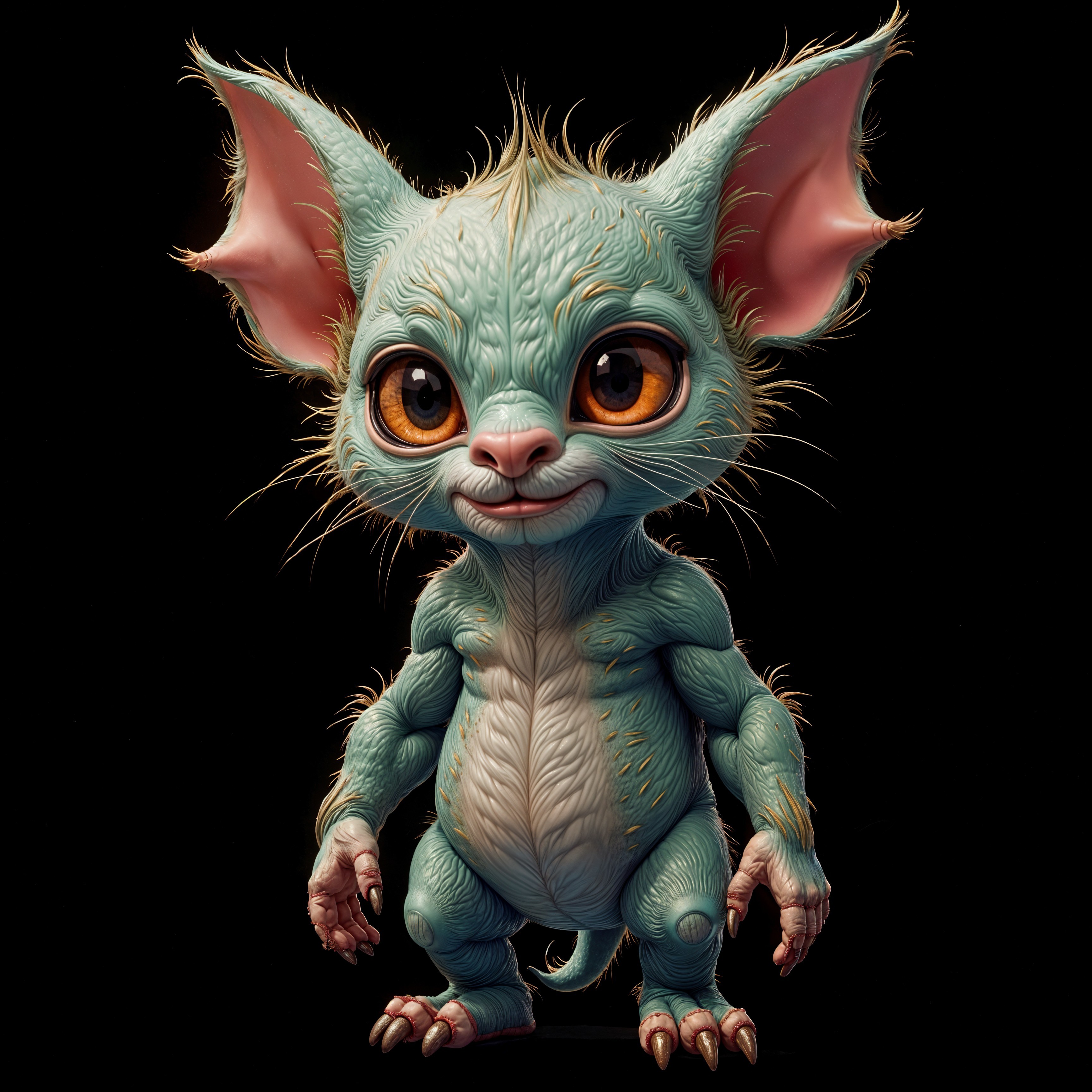 Cartoonish creature with furry ears and blue-green skin