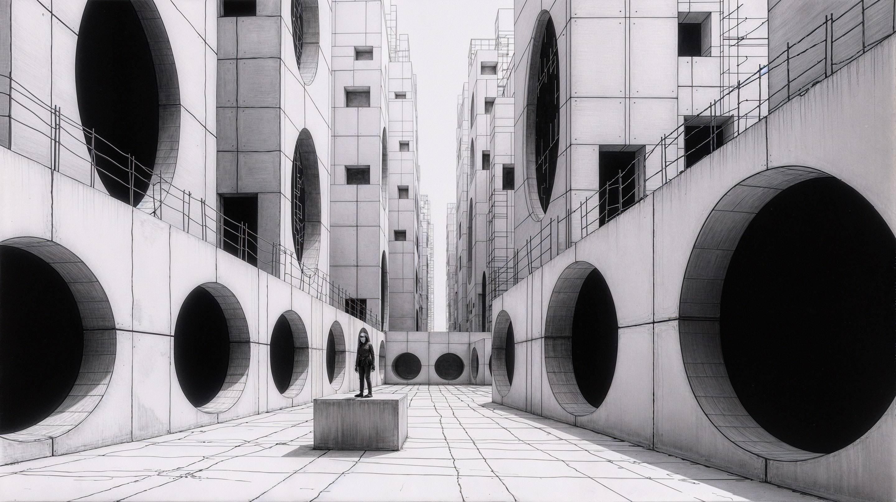 Surreal Architectural Landscape with Geometric Structures