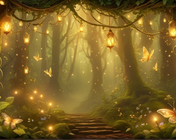 Magical Forest Pathway with Glowing Lanterns and Butterflies
