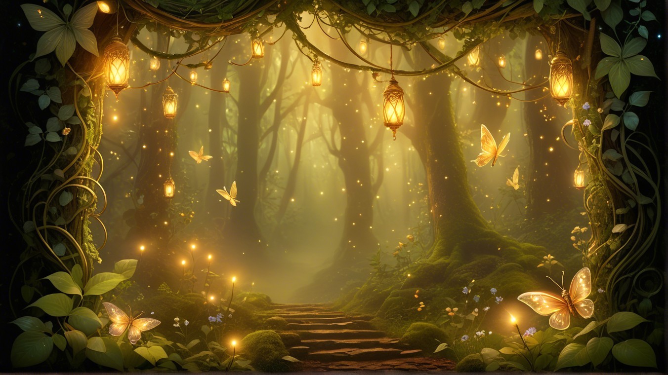 Magical Forest Pathway with Glowing Lanterns and Butterflies
