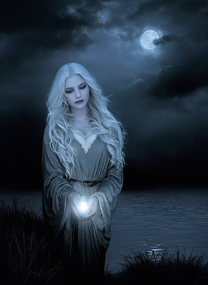 Mysterious Figure by Water Under Full Moonlight